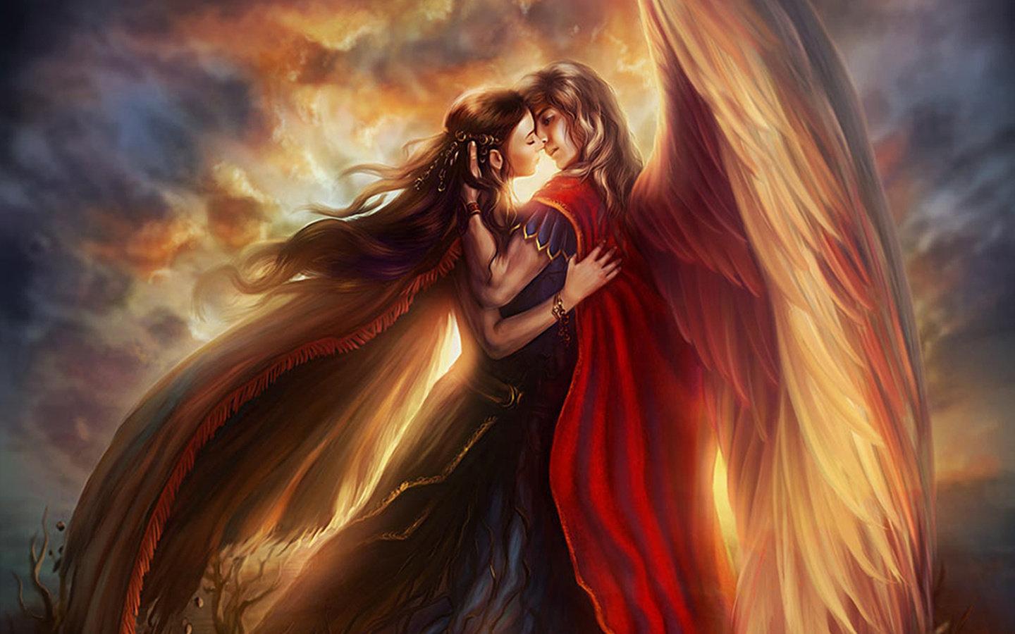 1440x900 High Resolution Fantasy Love Couple HD Wallpaper Id Angel And Female Demon