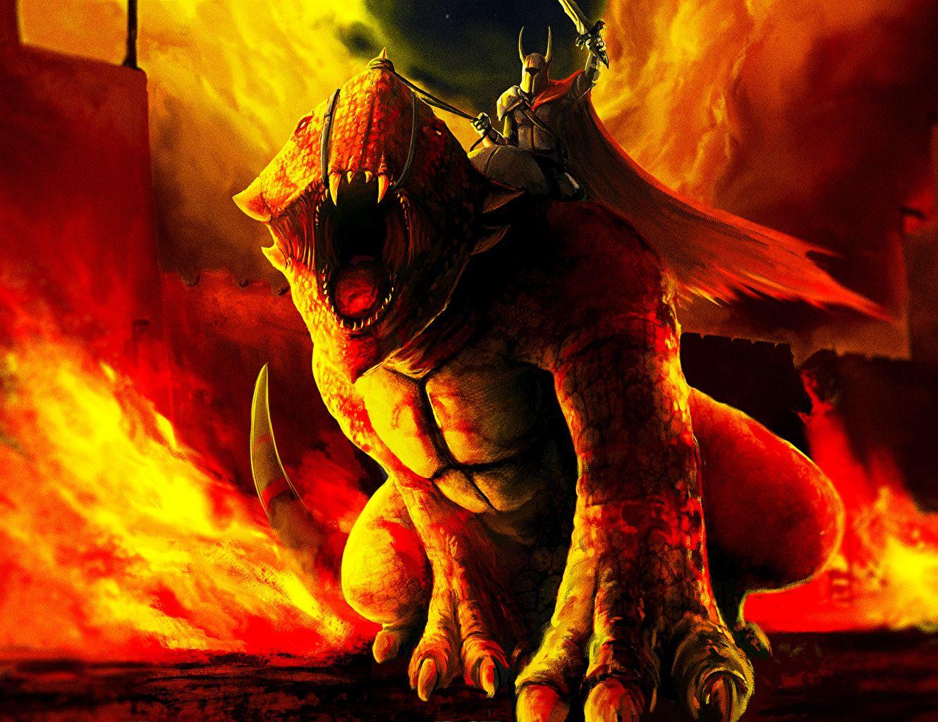 1330x1024 Wallpaper Knight Dragons Fantasy Roar Flame