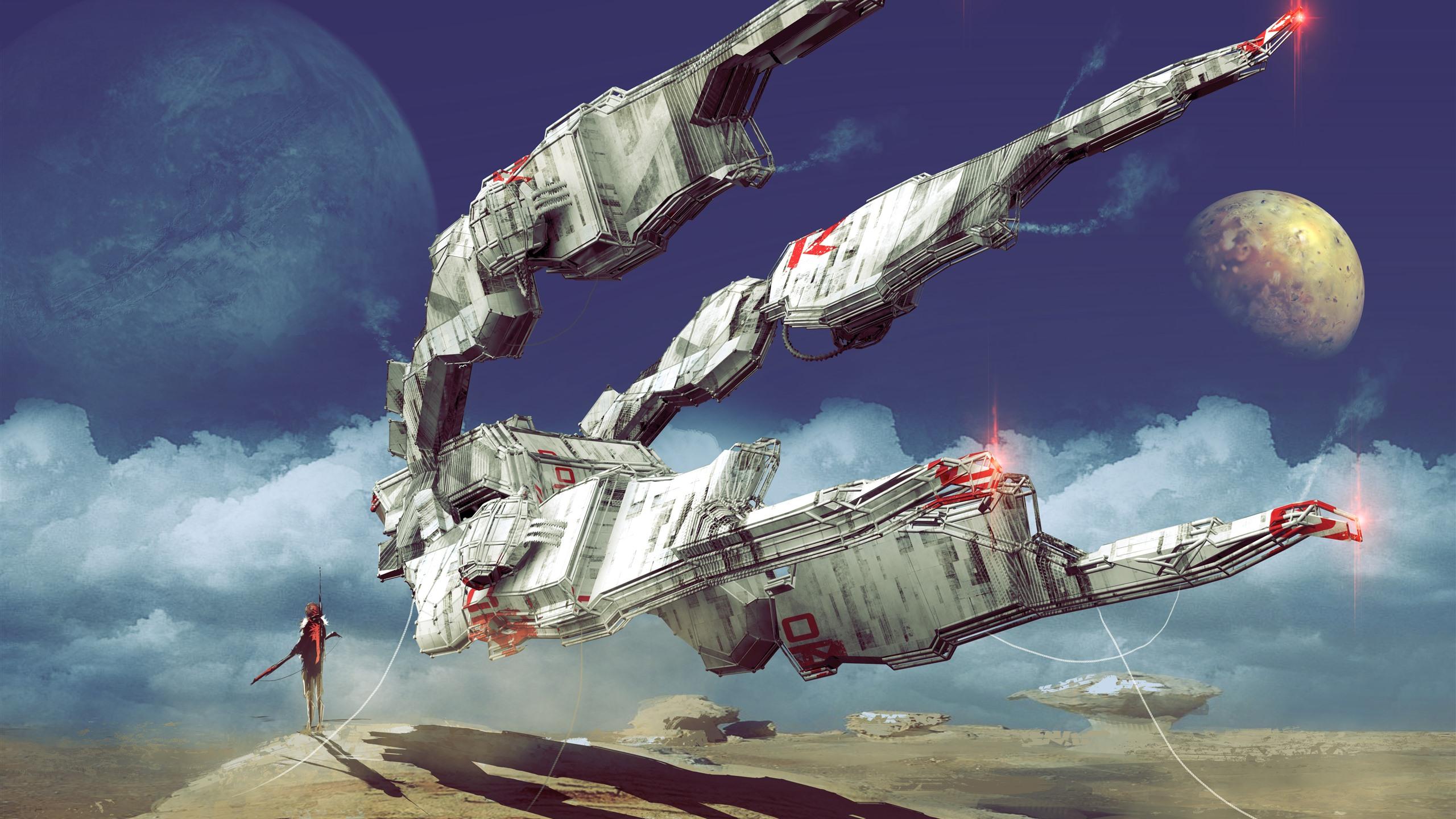 2560x1440 Wallpaper Spaceship, Planets, Sci Fi Art Picture 5120x2880 UHD 5K Picture, Image