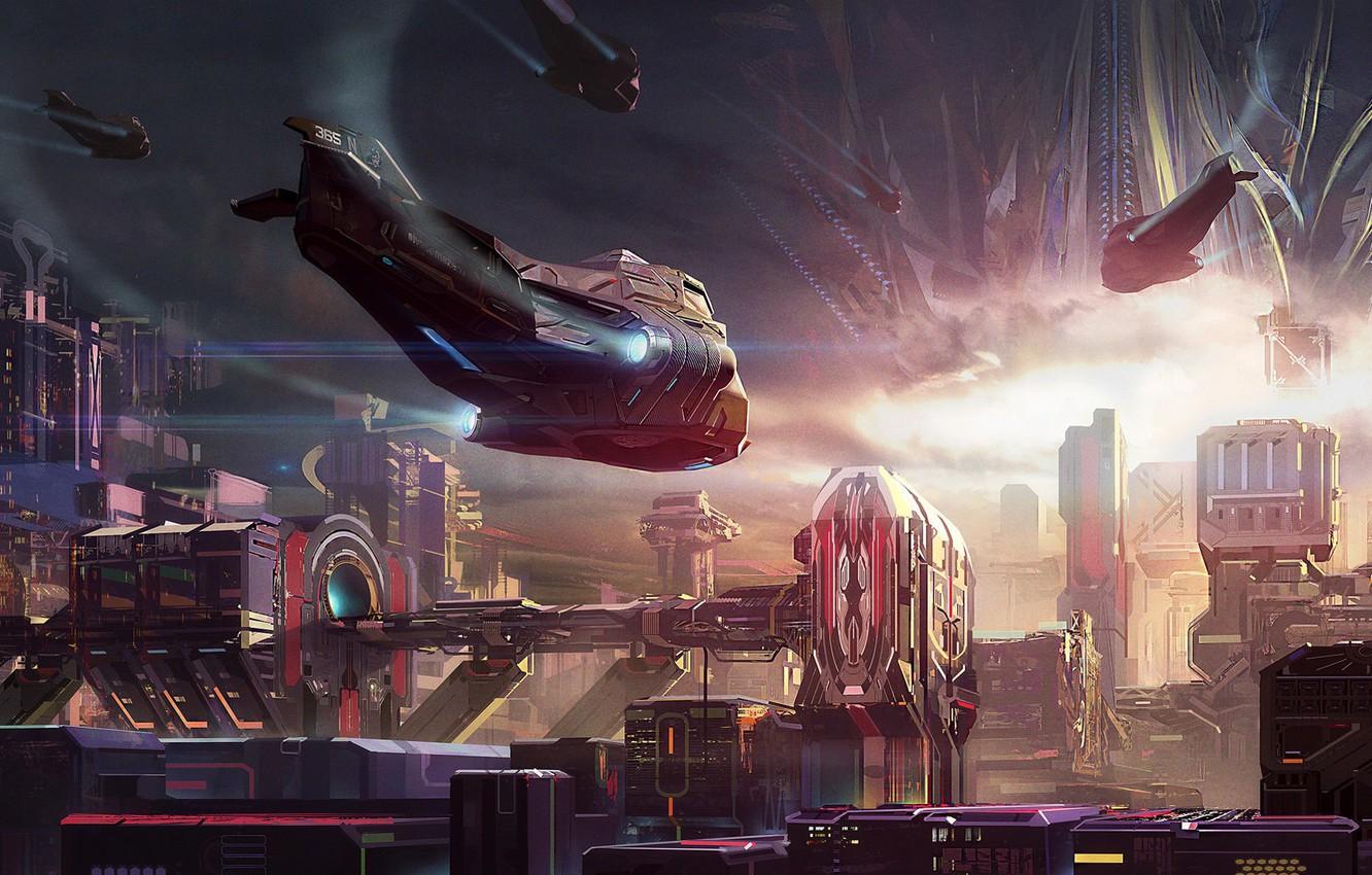 1332x850 Wallpaper City, Fantasy, Science Fiction, Sci Fi, Digital Art, Buildings, Artwork, Skyscrapers, Fantasy Art, Futuristic, Spaceships Image For Desktop, Section фантастика
