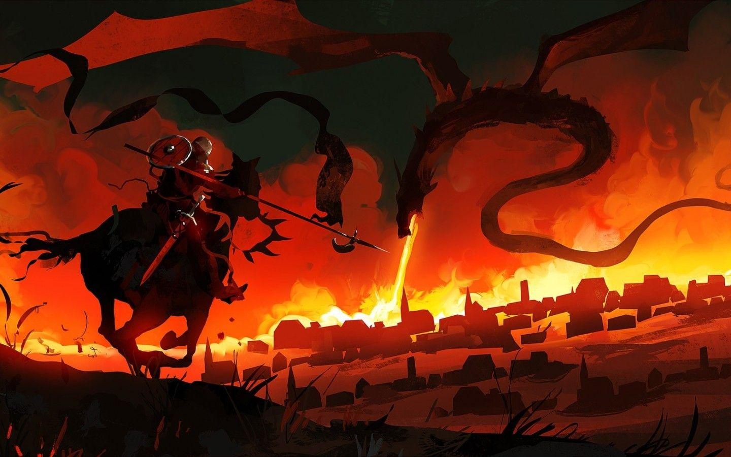 1440x900 Download 1440x900 Dragon, Fire, War, Knight, Horse, Painting