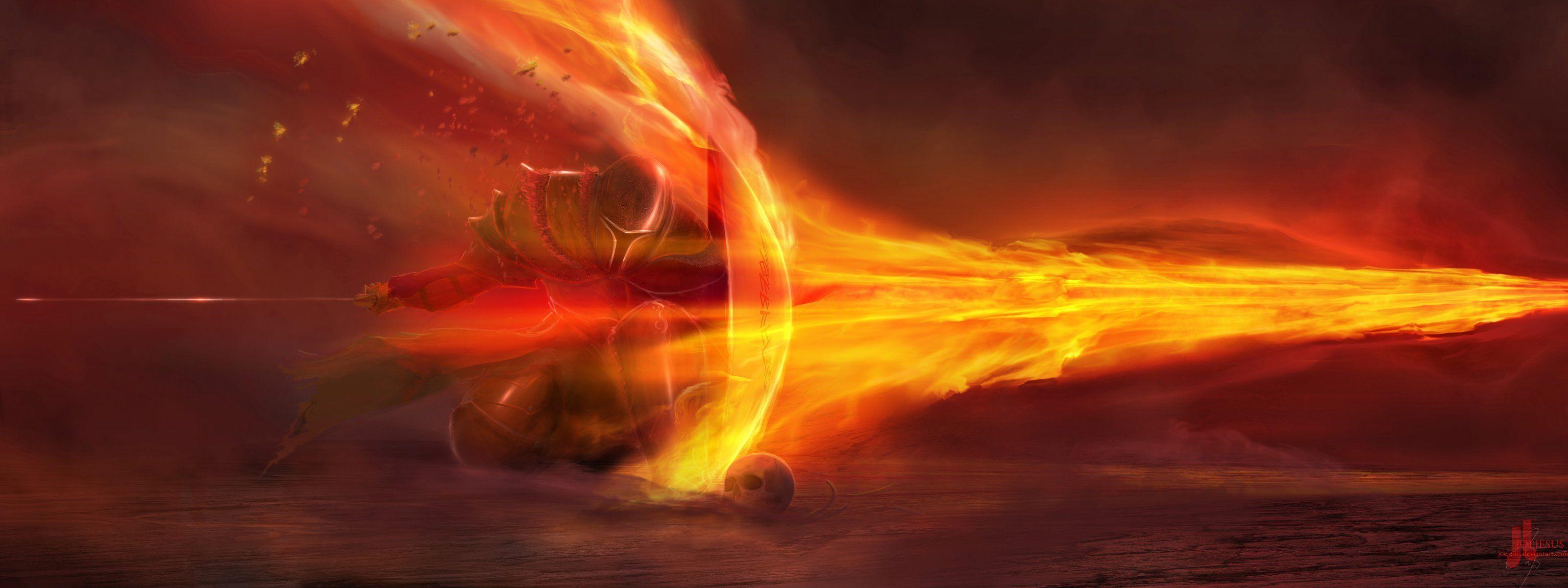 3200x1200 knight flame shield art fire skull HD wallpaper