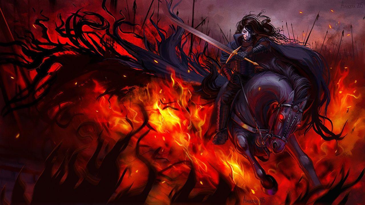 1280x719 Wallpaper Swords Horses Warriors Fantasy Flame