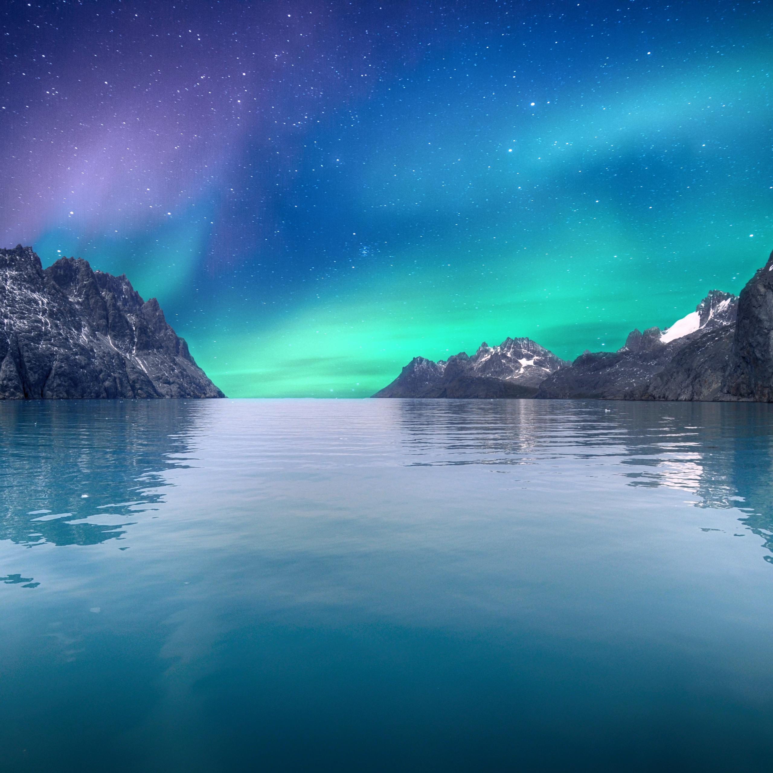 2560x2560 Northern Lights Wallpaper 4K, Sea, Blue Sky, Stars, Reflection, Mountains, Nature