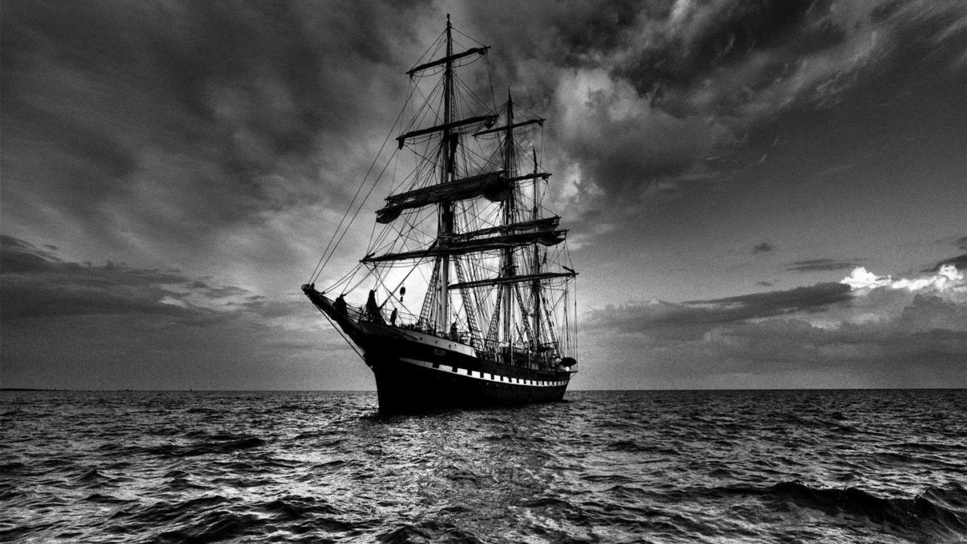 1920x1080 Sailing Ship At Sea In Black White HD Desktop Background wallpaper