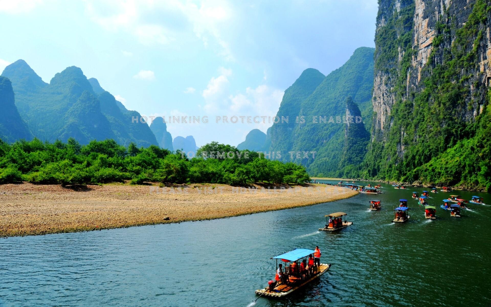1920x1200 river boats in china mountains nature view
