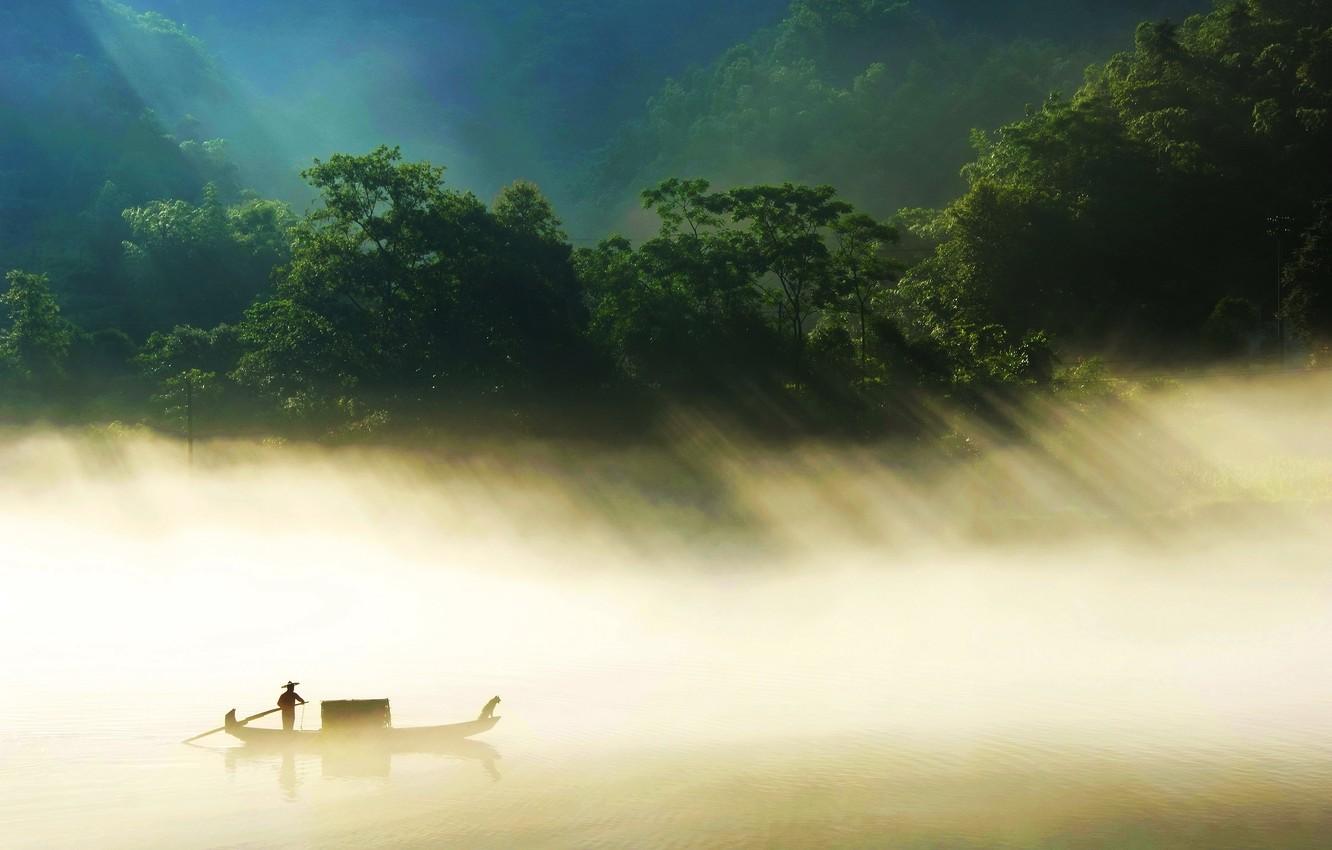 1332x850 Wallpaper fog, river, boat, China, jungle, Hunan Province image for desktop, section пейзажи