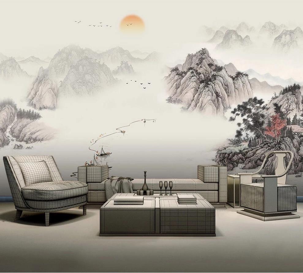 989x889 Bacaz Chinese Scenery Sunset Boat Mountain Wallpaper Mural for Living Room Sofa Background 3D Wall Mural Wall paper Wall Decor. Wallpaper