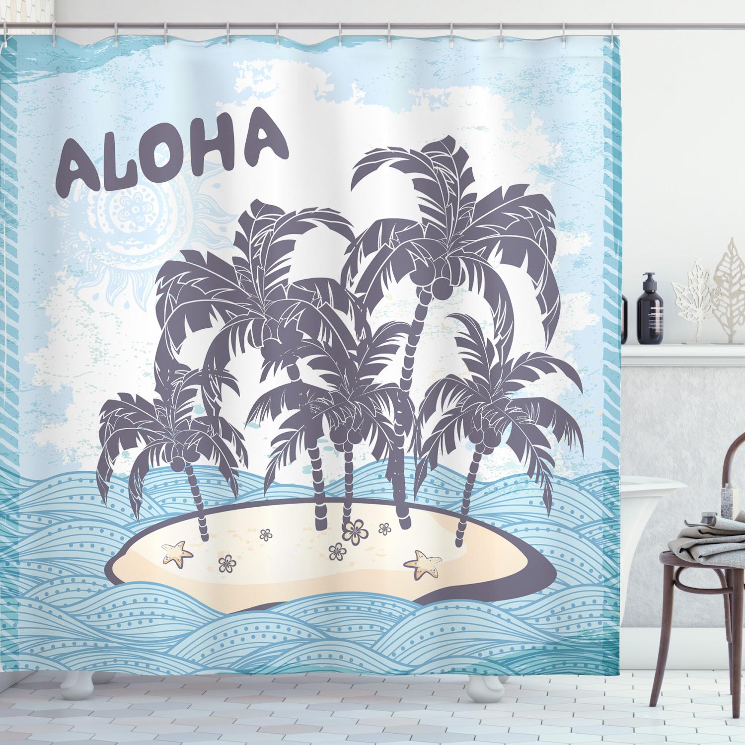 1500x1500 Vintage Beach Shower Curtain, Cute Illustration Aloha Themed Hawaiian Island Palm Trees, Fabric Bathroom Set with Hooks, 69W X 75L Long, Pale Blue Purpleblue Champagne, by