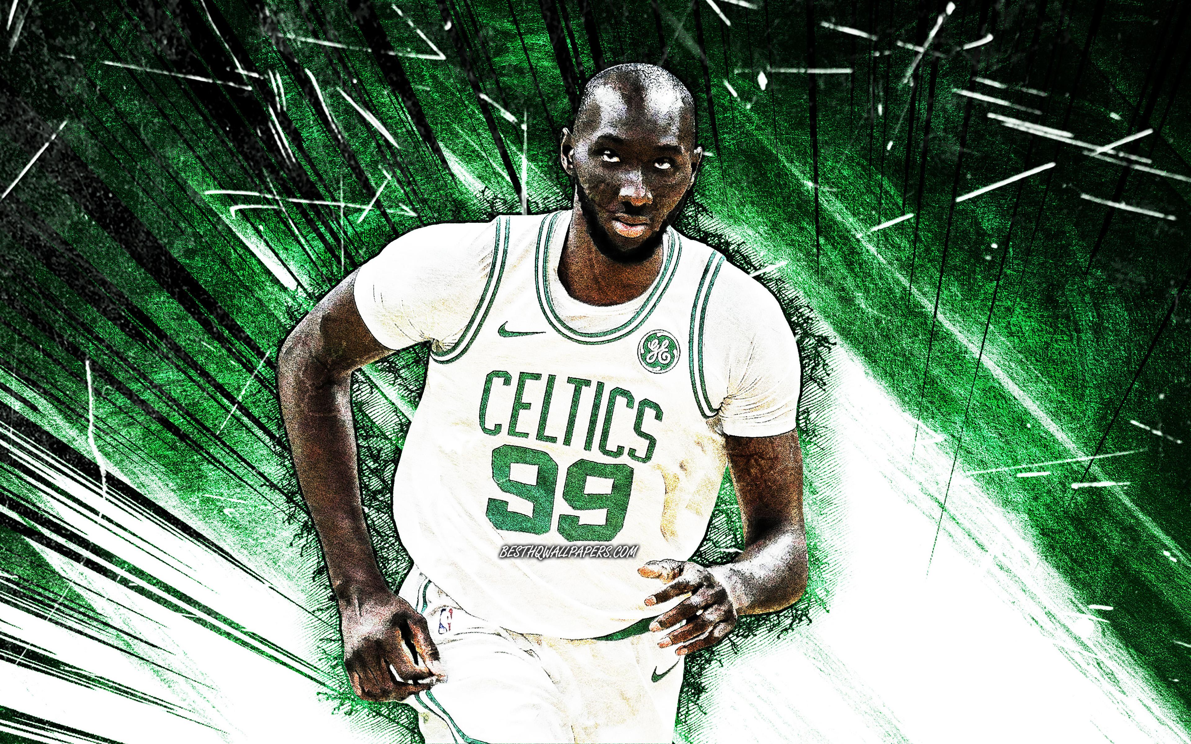3840x2400 Download wallpaper 4k, Tacko Fall, grunge art, Boston Celtics, NBA, basketball, Elhadji Tacko Sereigne Diop Fall, green abstract rays, USA, Tacko Fall Boston Celtics, creative, Tacko Fall 4K for desktop with resolution