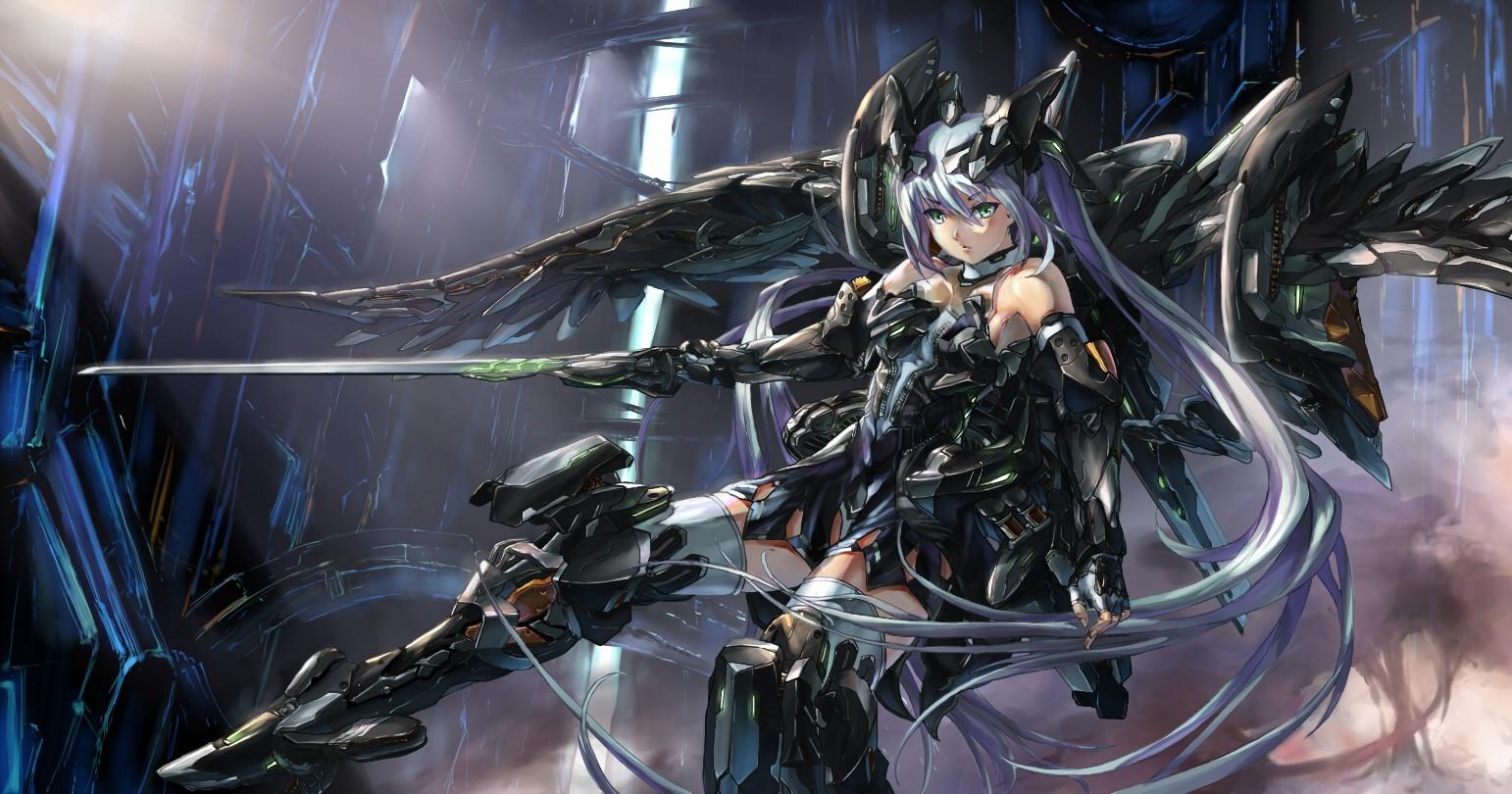 1542x810 long hair weapons blue hair green eyes mechanical anime girls mechanical wings swords 1542x810 wa High Quality Wallpaper, High Definition Wallpaper