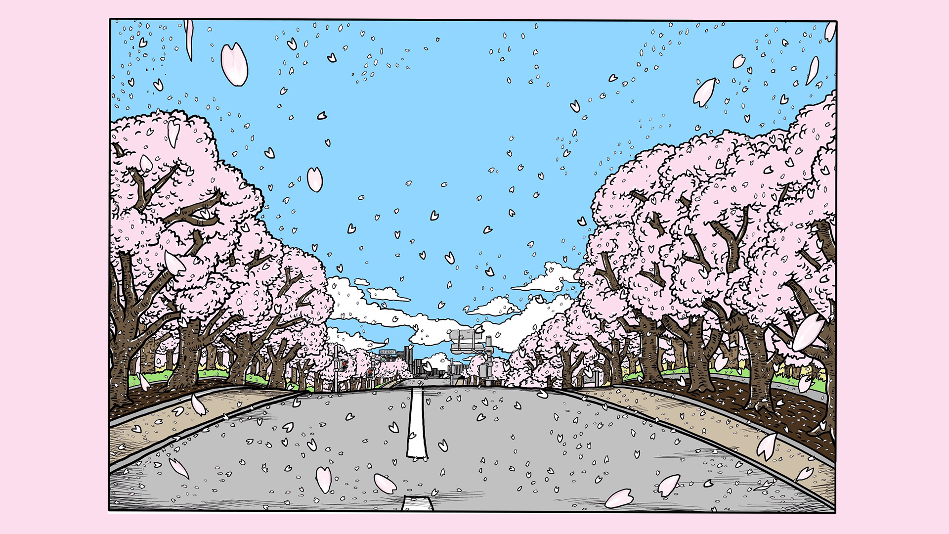 1920x1080 road, pink, drawing, cherry blossom HD Wallpaper