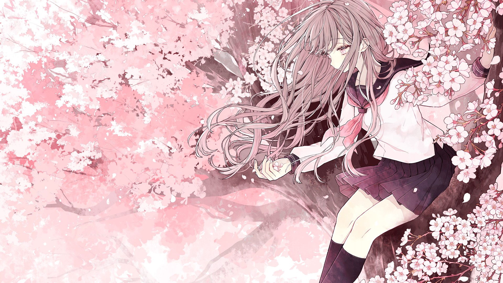 1920x1080 Wallpaper / long hair, skirt, cherry blossom, trees, drawing, artwork, anime girls