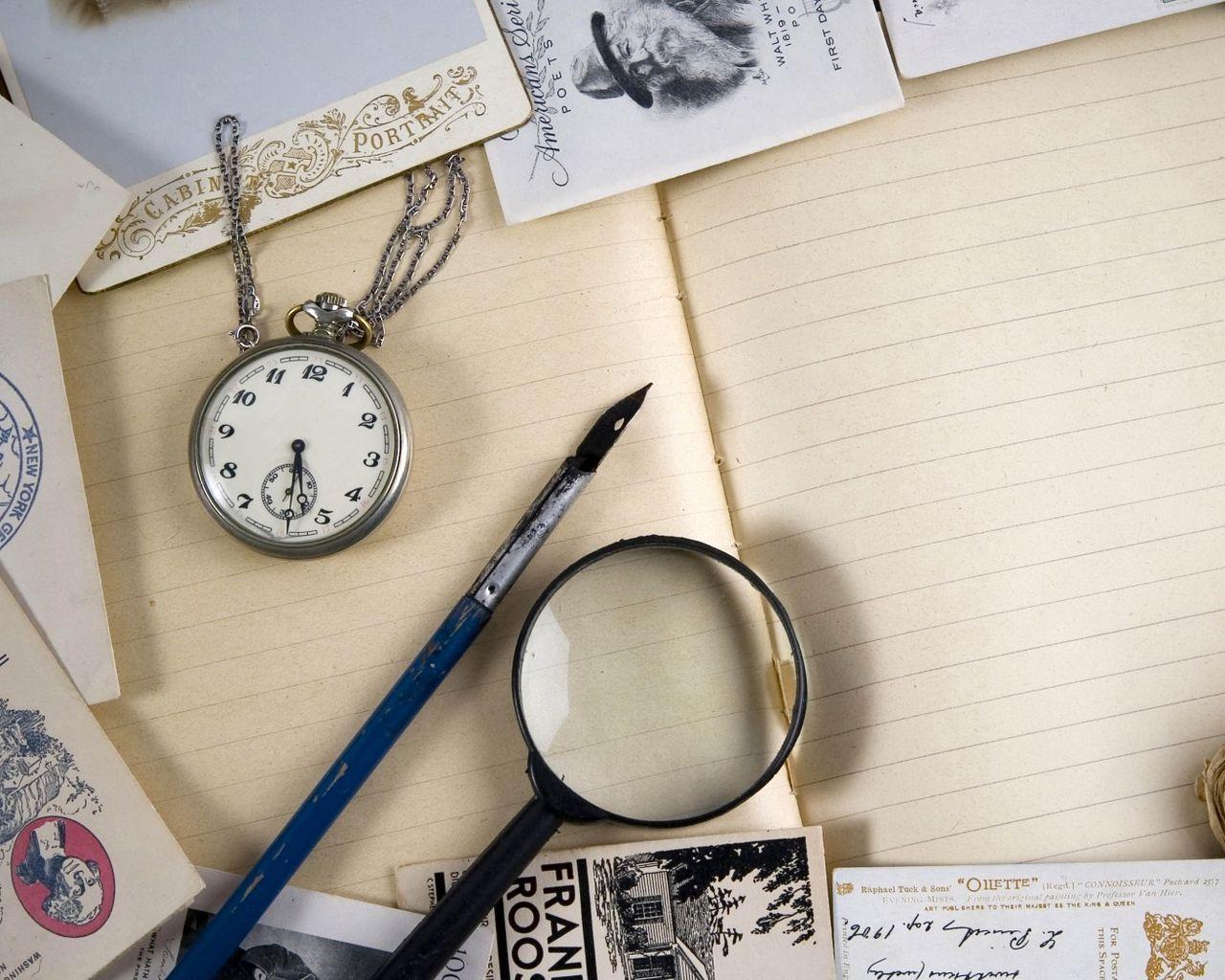 1280x1024 Download wallpaper 1280x1024 vintage, magnifier, watch, book, books, postcards standard 5:4 HD background