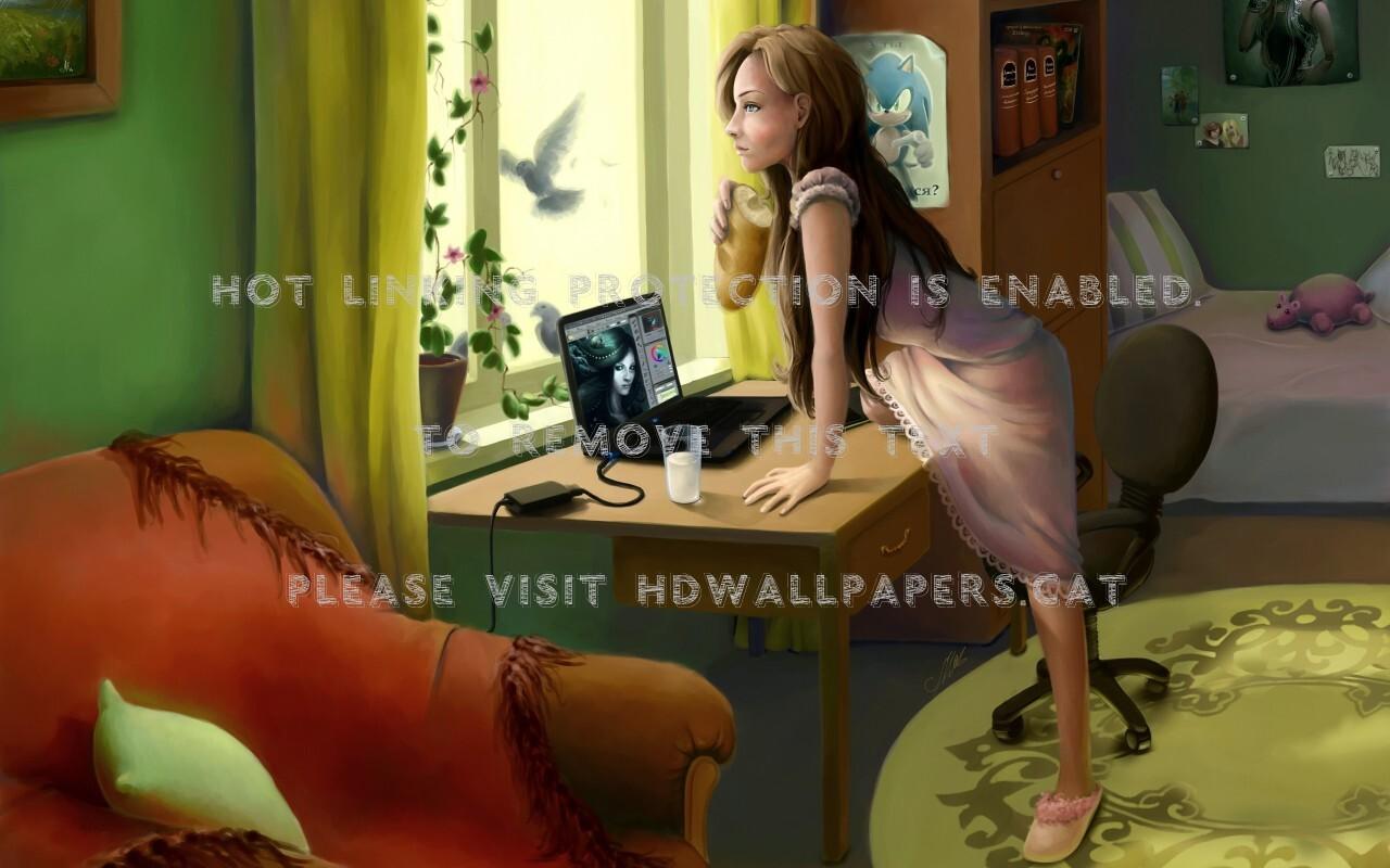 1280x800 who it ? girl room interior design computer