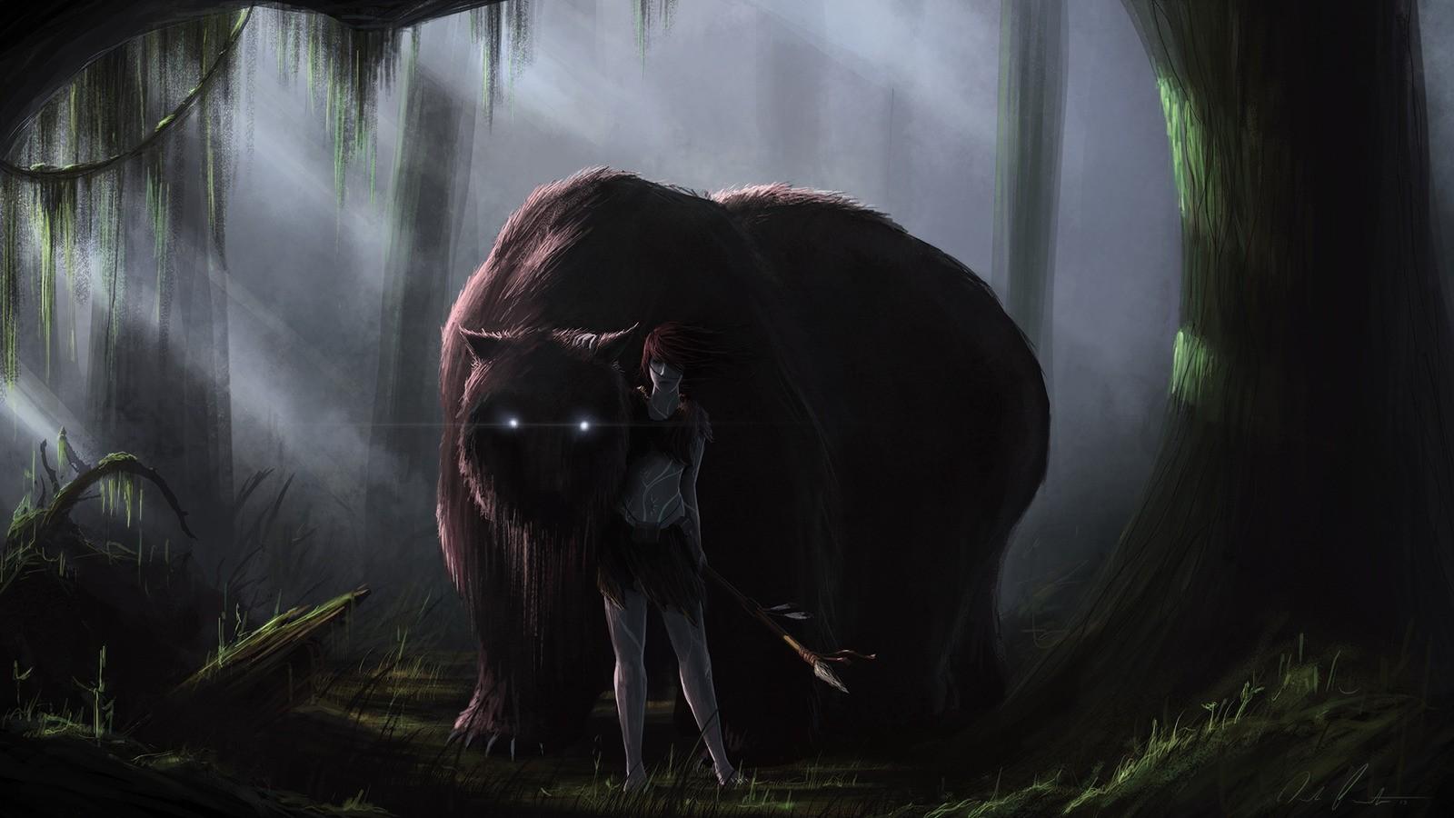 1600x900 creature, Creepy, Forest, Drawing, Warrior Wallpaper HD / Desktop and Mobile Background