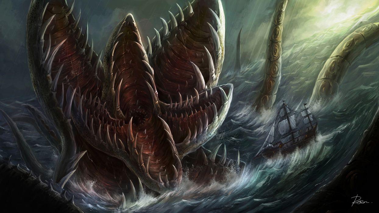 1244x700 Fantasy dark paintings art sea ocean nature evil horror creepy spooky monster creature vehicles ships sad sorrow mood wallpaperx1080