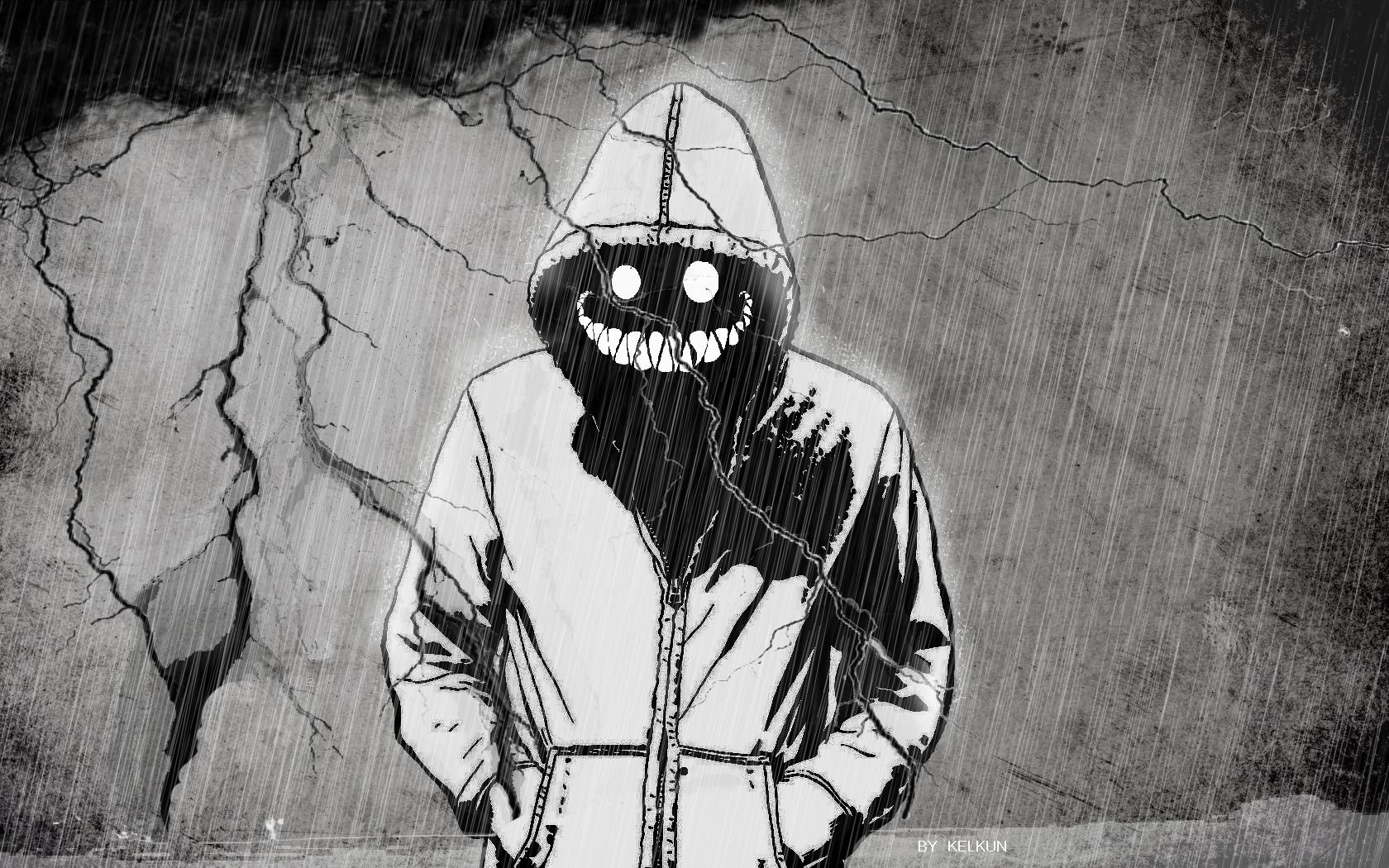 1680x1050 creepy black and white monsters storm fantasy art smiling grin demon hoody 1680x1050 wallpaper High Quality Wallpaper, High Definition Wallpaper
