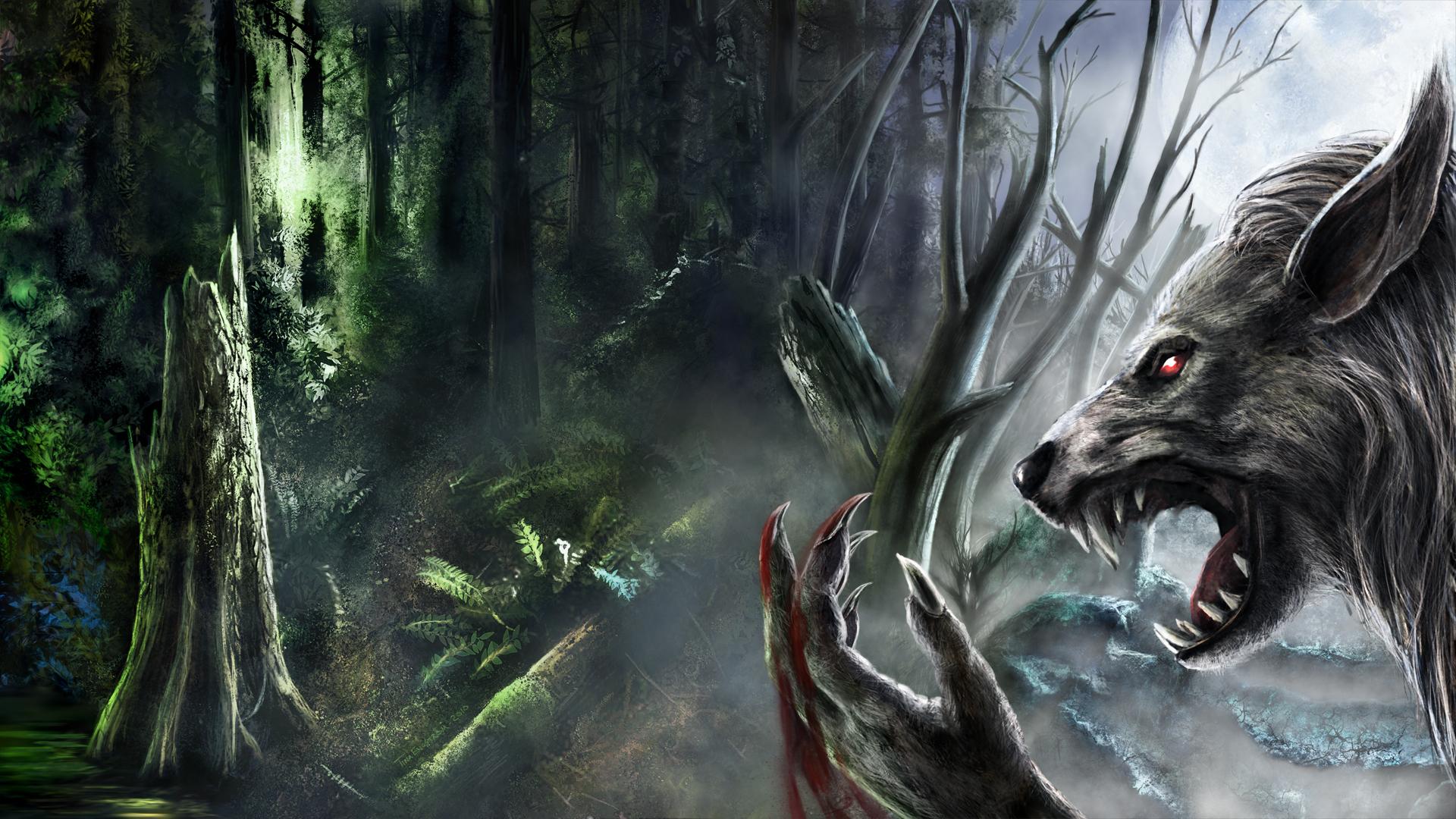 1920x1080 werewolf, Fantasy, Art, Dark, Monster, Creatures, Blood, Fangs, Trees, Forest, Spooky, Creepy, Scary, Evil Wallpaper HD / Desktop and Mobile Background