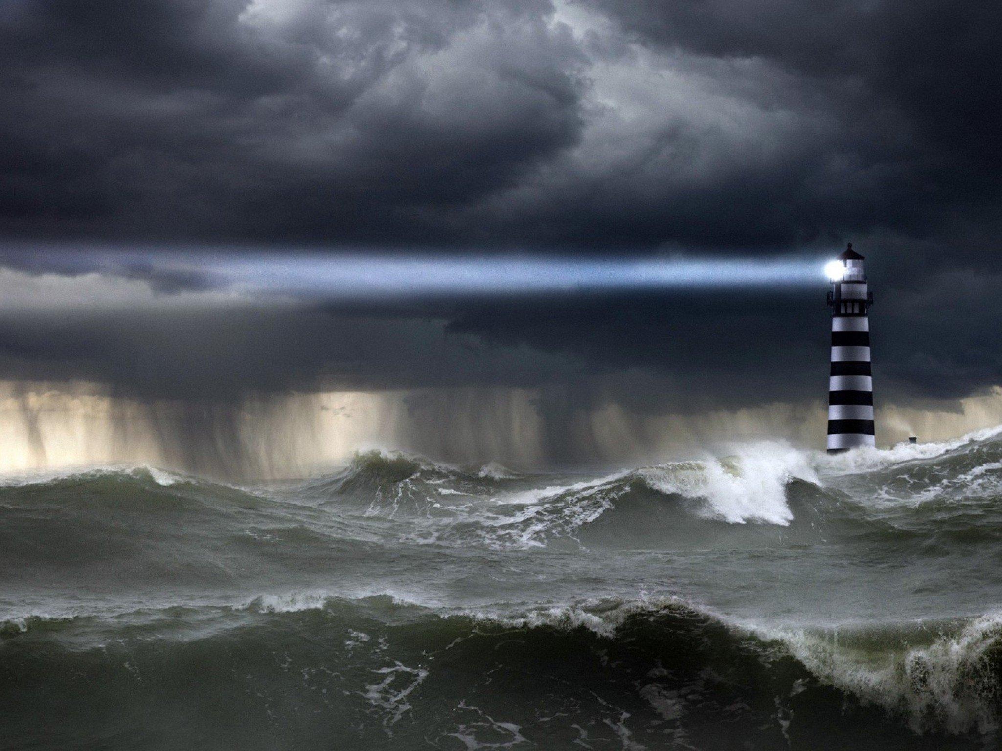 2048x1536 STORM weather rain sky clouds nature ocean sea lighthouse wallpaperx1536