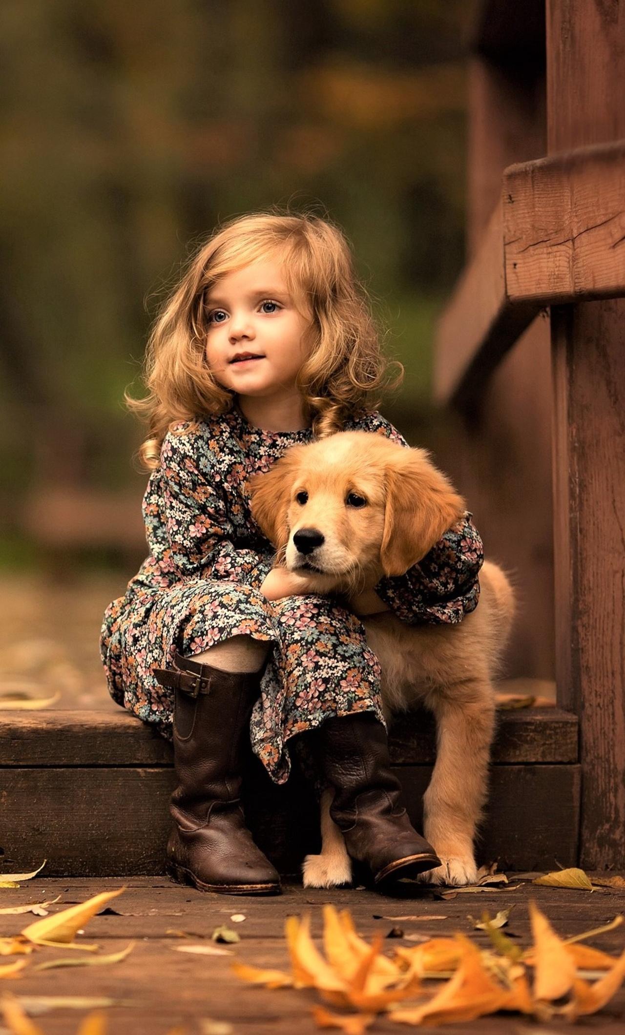 1280x2120 Little Girl With Golden Retriever Puppy iPhone HD 4k Wallpaper, Image, Background, Photo and Picture