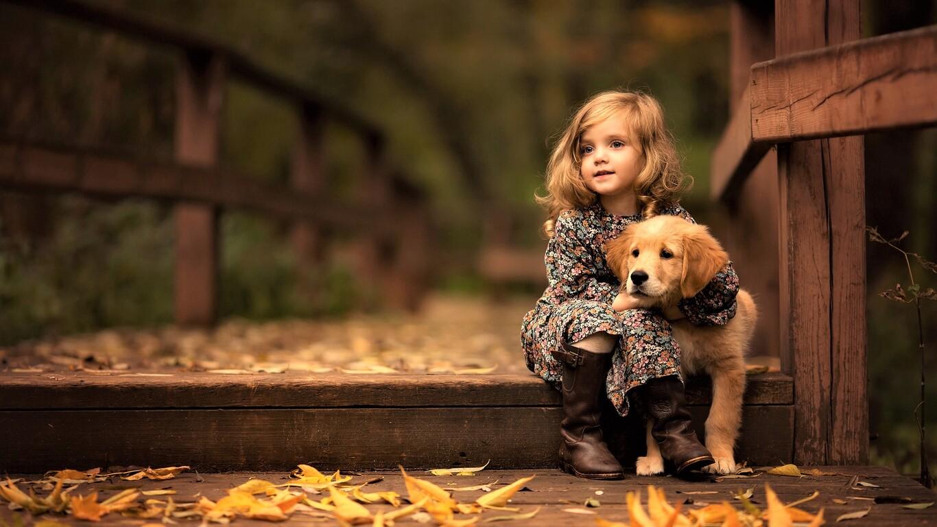 1366x768 Little Girl With Golden Retriever Puppy 1366x768 Resolution HD 4k Wallpaper, Image, Background, Photo and Picture