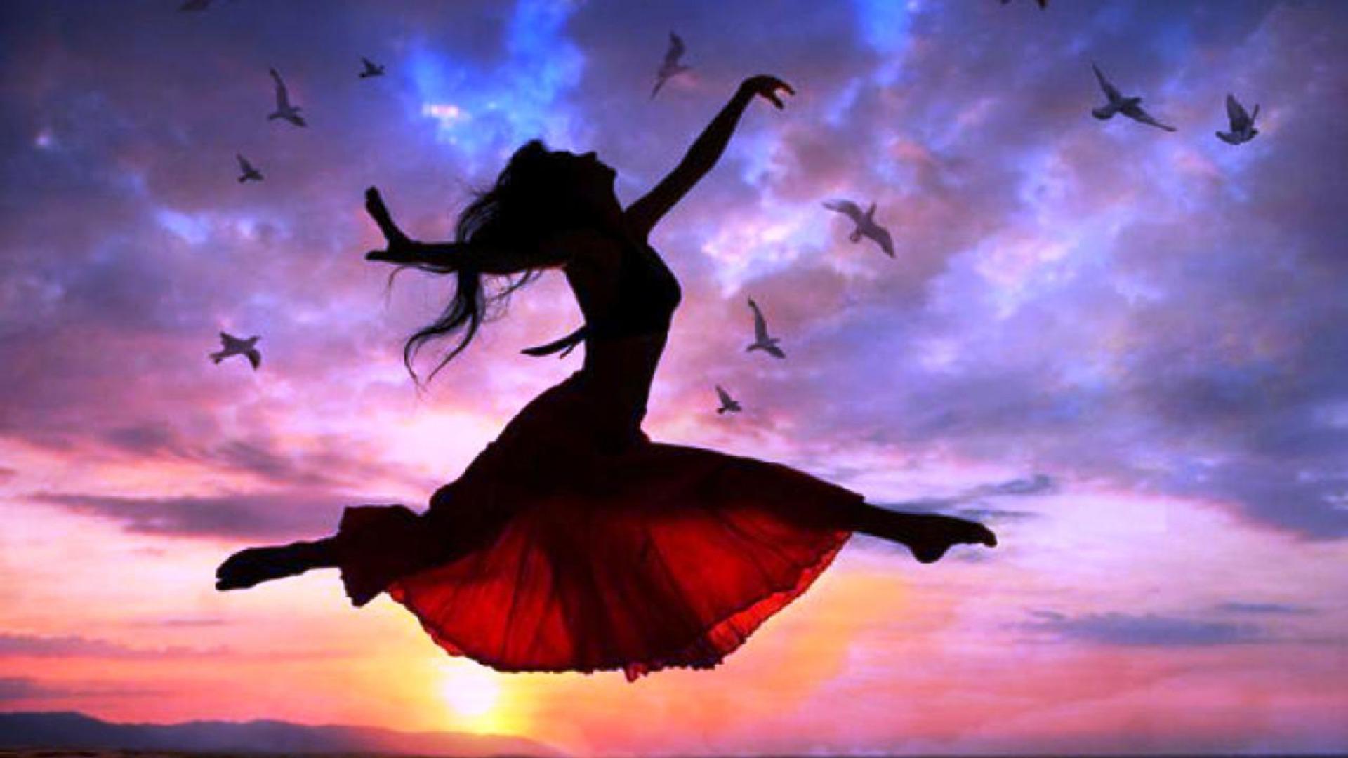 1920x1080 Woman Free Flying Sunset Birds desktop PC and Mac wallpaper