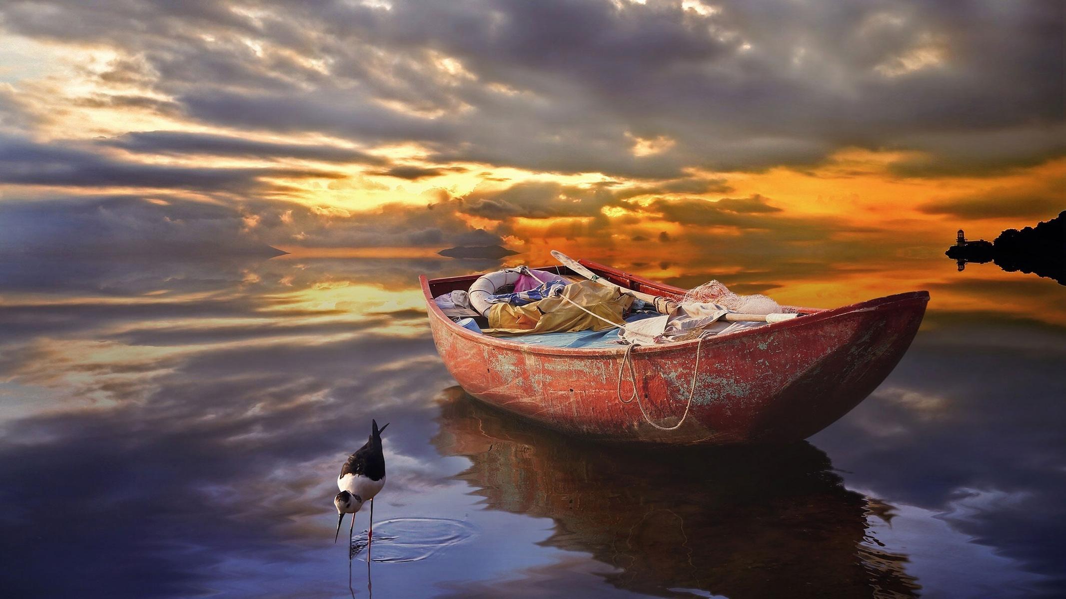 2133x1200 Sunset Sea Boat Bird Wallpaper HD :