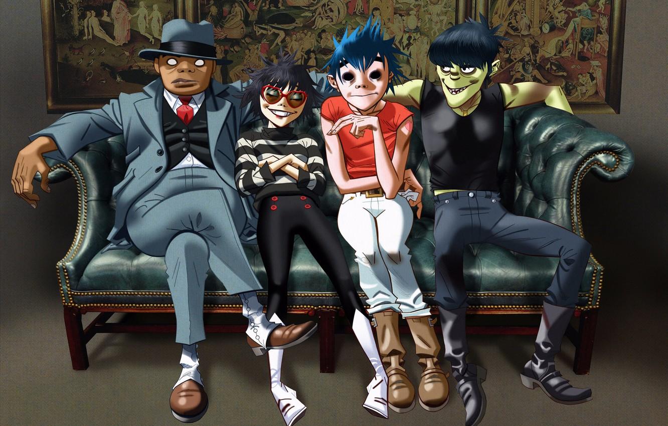 1332x850 Wallpaper Music, Sofa, Style, Art, Gorillaz, Group, Noodle, Russel Hobbs, Noodle, Jamie Hewlett, Jamie Hewlett, Damon Albarn, Damon Albarn, Russell Hobbs, Murdoc Niccals, Murdoch Niccals image for desktop, section музыка