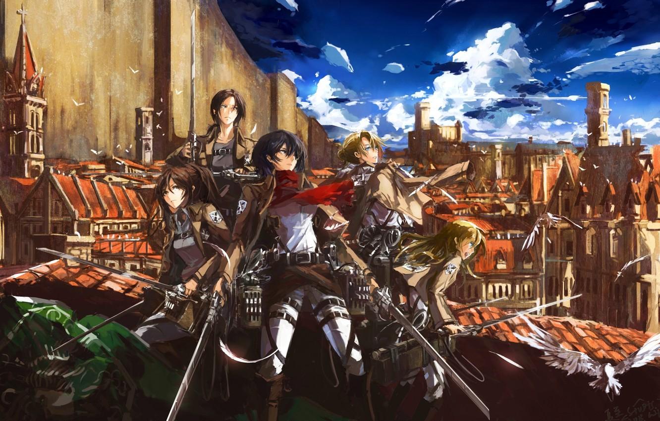 1332x850 Wallpaper flight, the city, weapons, girls, soldiers, swords, art, stu dts, shingeki no kyojin, mikasa ackerman, christa renz, annie leonhardt, sasha browse, ymir image for desktop, section сэйнэн