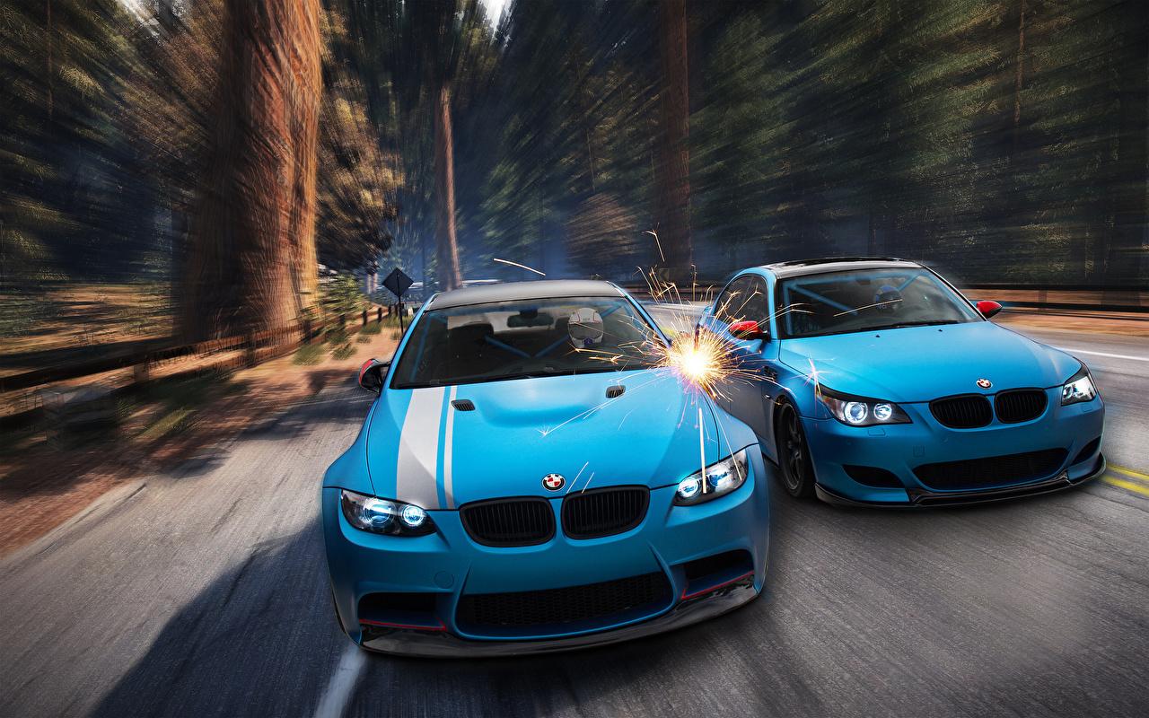 1280x800 Photos BMW M3 E92 M5 E60 2 Light Blue 3D Graphics Front automobile