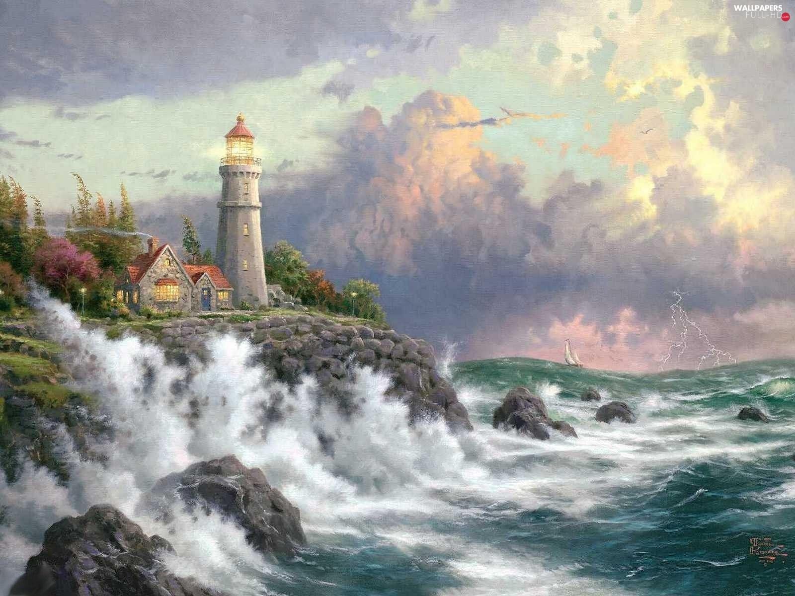 1600x1200 Thomas Kinkade, Coast, maritime, sea, Waves, Sky, Lighthouse HD Wallpaper: 1600x1200