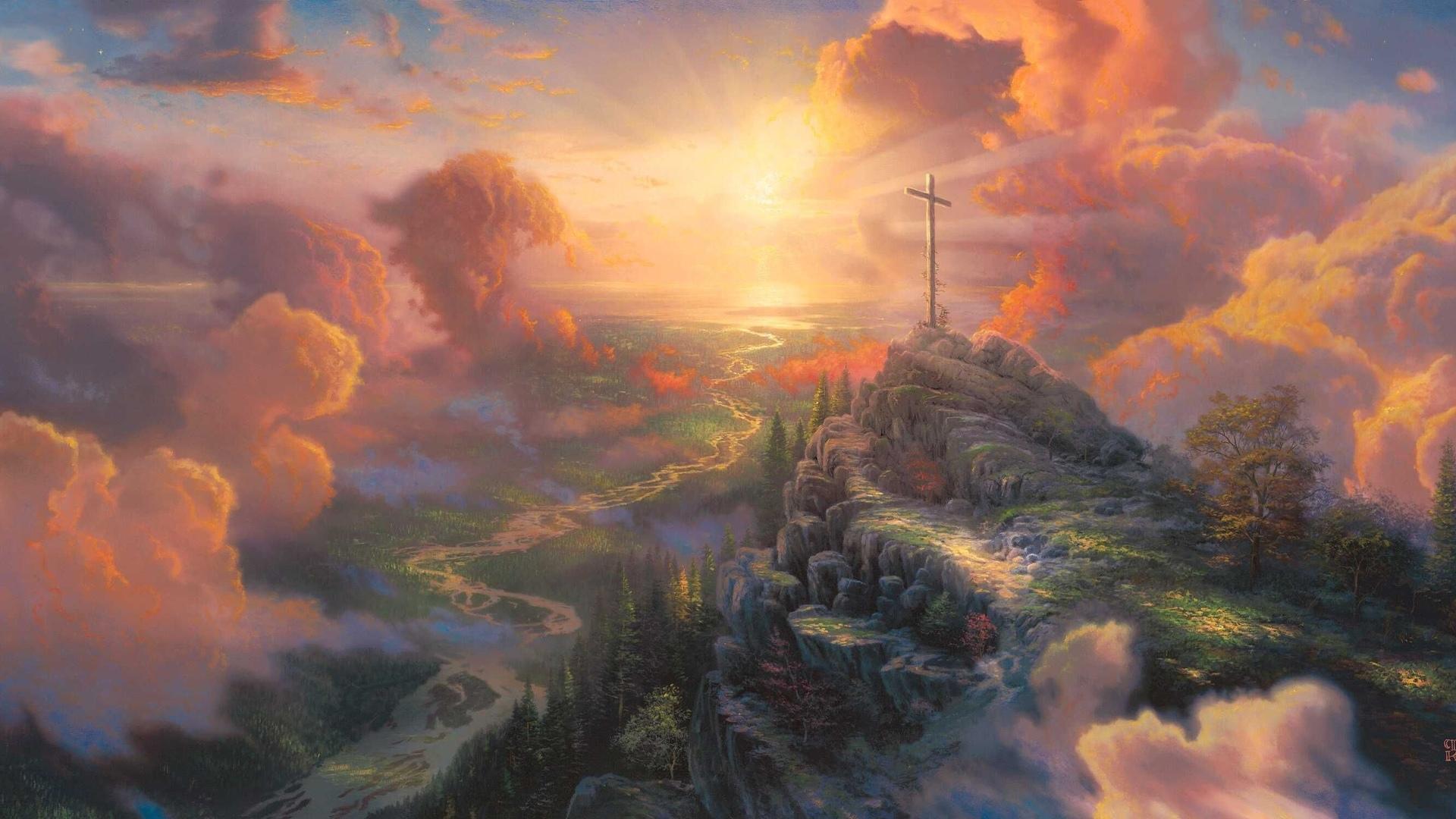 1920x1080 1920x1080 thomas kinkade, sun light, cross, The cross, painting, light