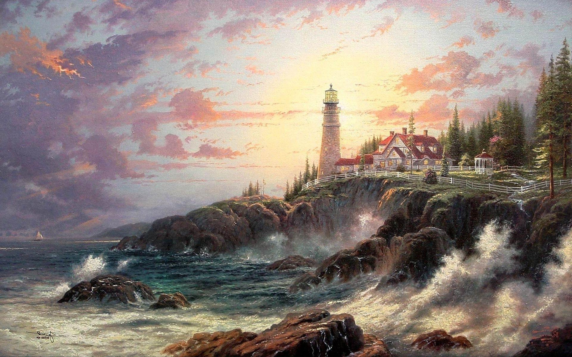 1920x1200 The phone background image Thomas kinkade shore waves lighthouse house