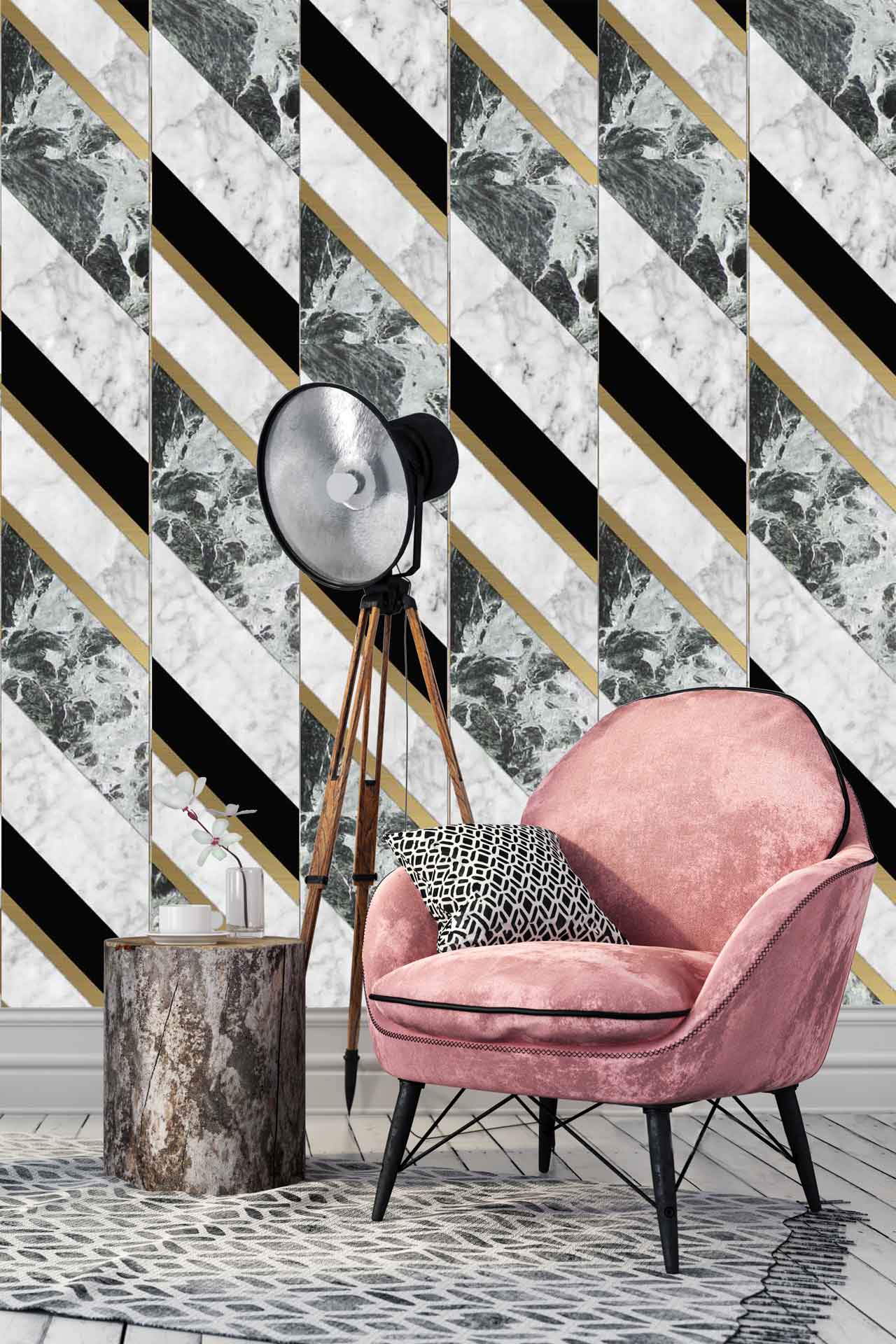 1280x1920 A wallpaper with grey and white marble in diagonal rows with black and gold details. Cara Saven Wall Design