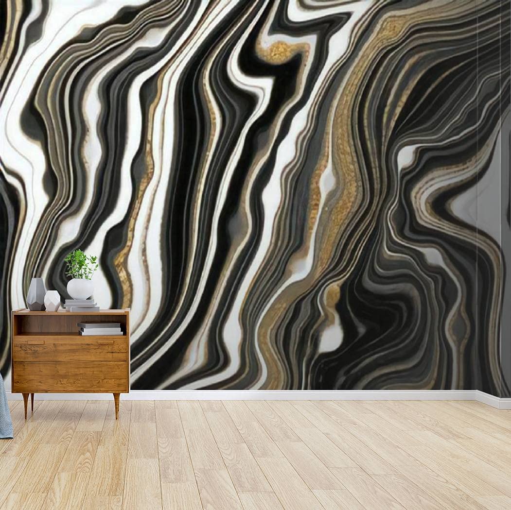 1051x1050 Wallpaper Canvas Print Black and white gold veined marble texture Abstract agate ripple Self Adhesive Peel & Stick Wallpaper Wall Mural Wall Decal Wall Sticker Poster Home Craft for Living Room
