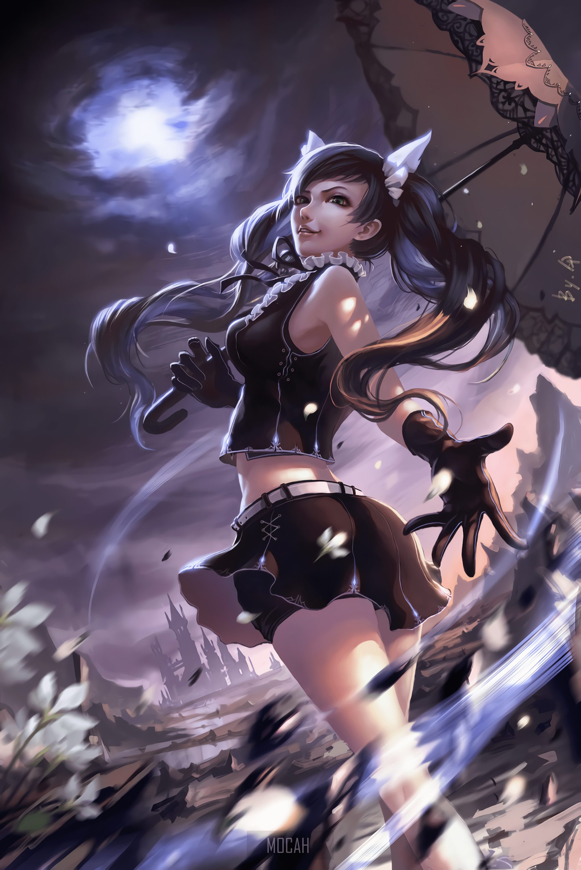 2003x3000 anime, anime girl, bare shoulders, belt, black gloves, black hair, clouds, frills, gloves, gothic lolita, green eyes, hair bows, lolita fashion, miniskirt, parasol, shorts, signatures, skirt, Smile, solo, sunbeams, sunlight, twintails