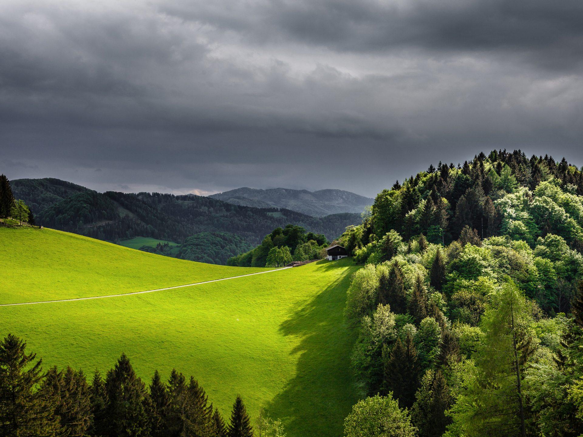 1920x1440 Green Forest Green Field Wooden Mountain House Dark Black Cloud Landscape Wallpaper HD :