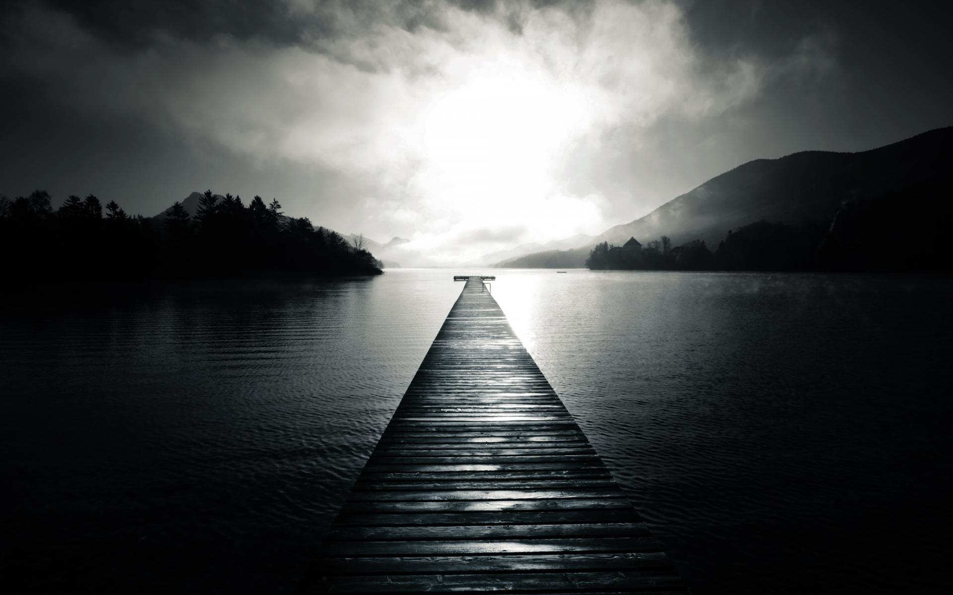 1920x1200 black, White, Monochrome, Nature, Lakes, Water, Reflection, Shore, Trees, Forest, Hills, Sky, Clouds, Sunlight, Sunrise, Sunset, Haze, Fog, Mist, Mood Wallpaper HD / Desktop and Mobile Background