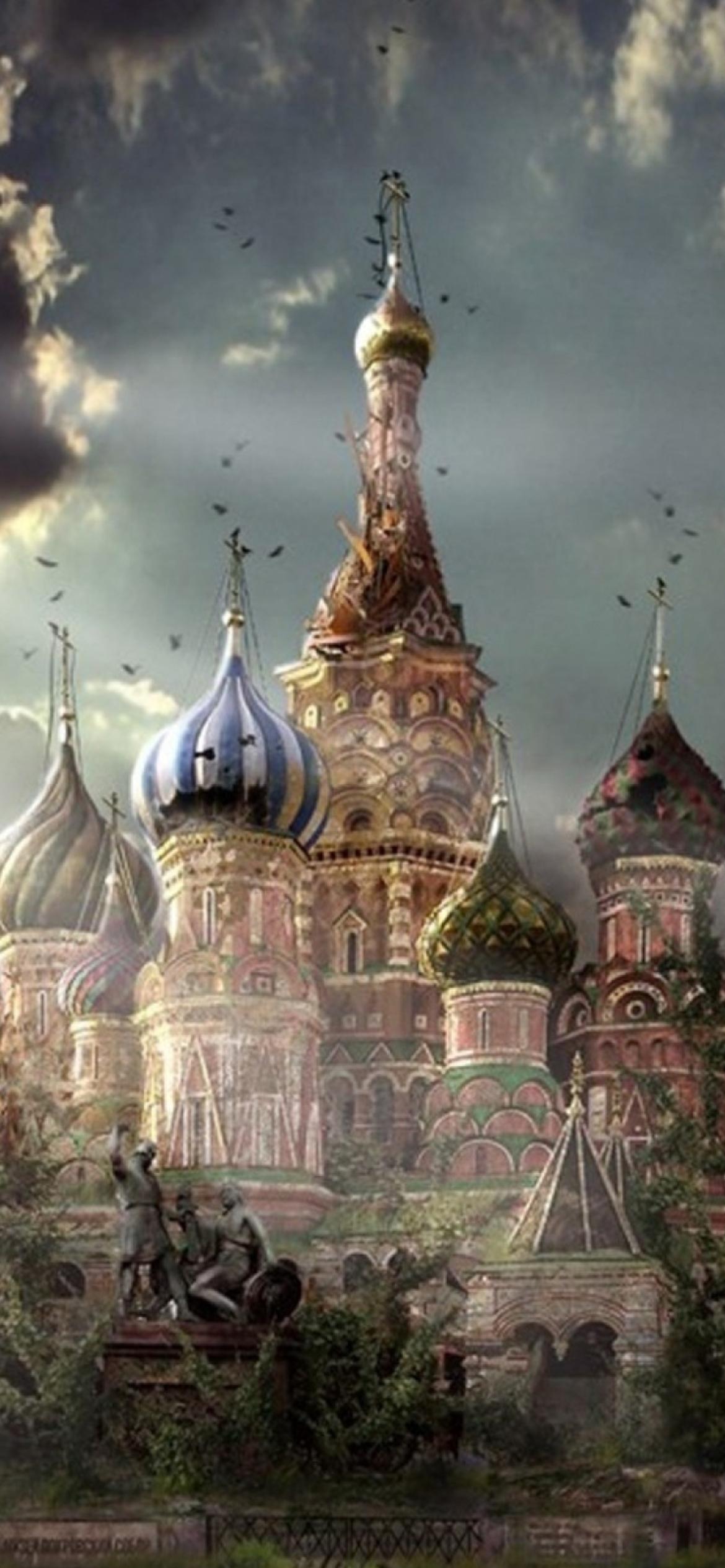 1170x2532 St Basil's Cathedral Moscow Red Square Artistic Clouds Wallpaper for iPhone 12 Pro