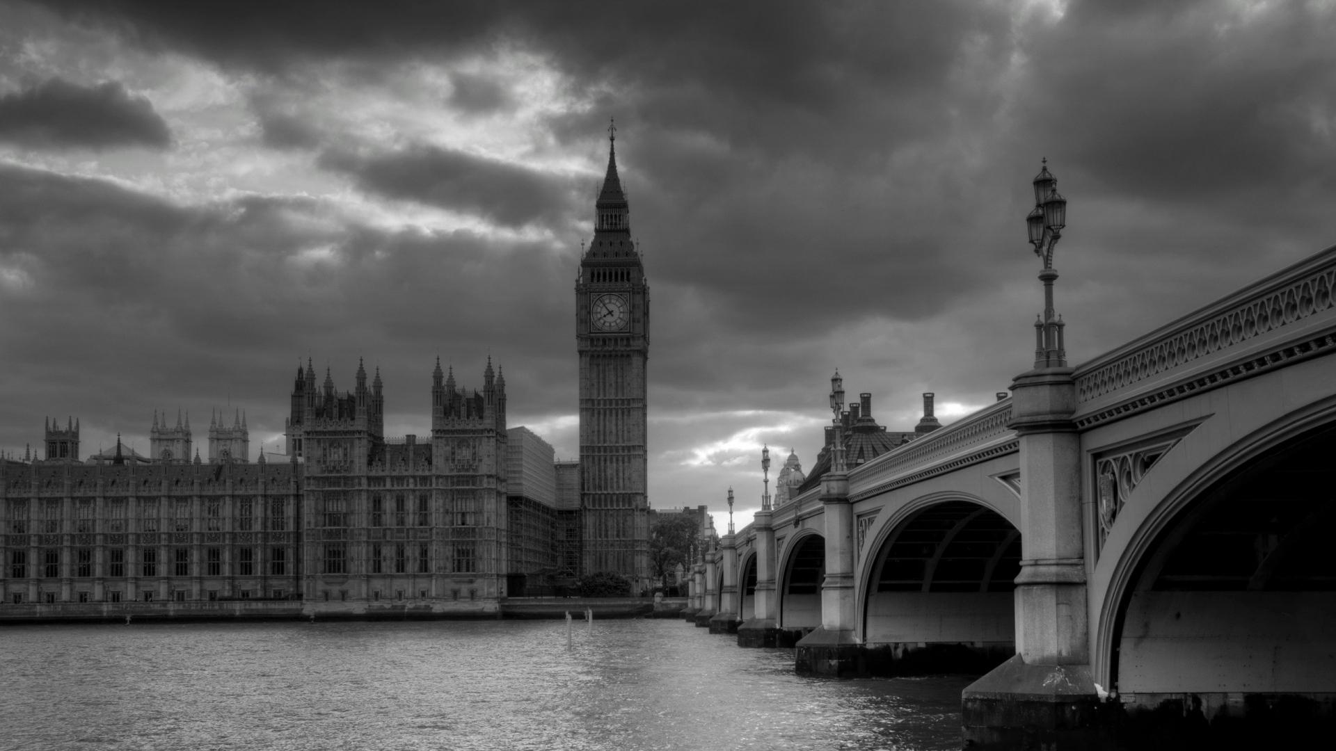 1920x1080 Wallpaper london, bridge, big ben, black white, skyscrapers