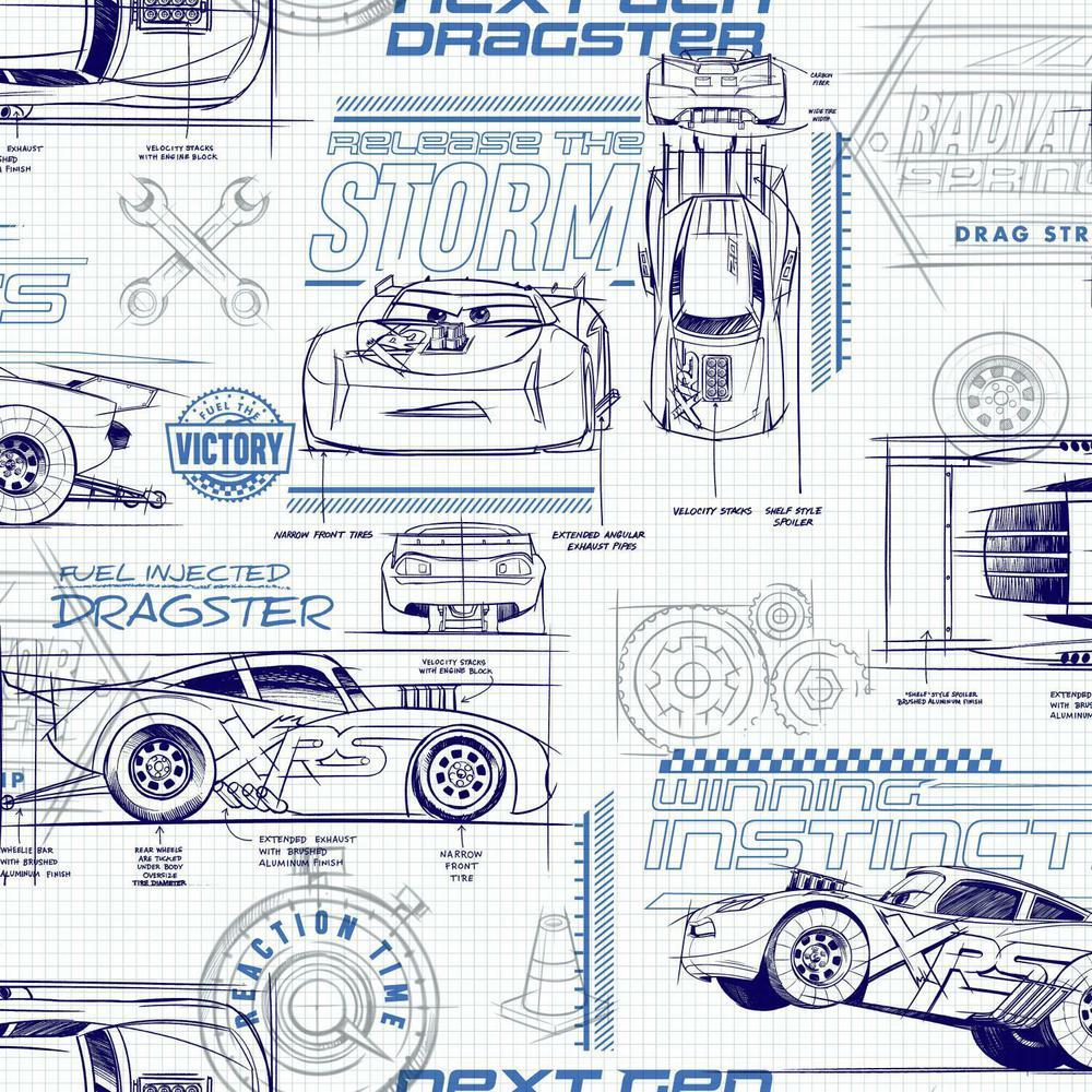 1000x1000 RoomMates Disney and Pixar Cars Blue Schematic Peel and Stick Wallpaper (Covers 28.18 sq. ft.)-RMK11803WP Home Depot