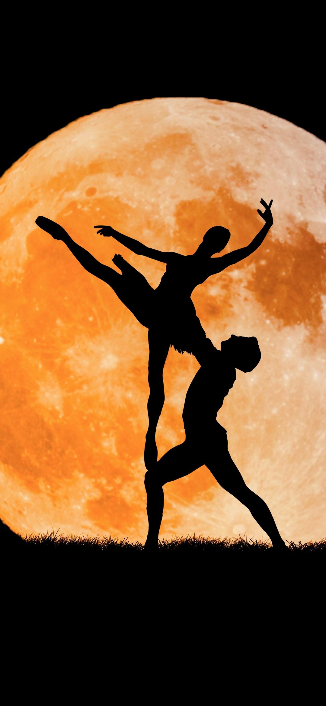 1080x2340 Couple Wallpaper 4K, Ballet Dancers, Full Moon, Silhouette, Black Dark