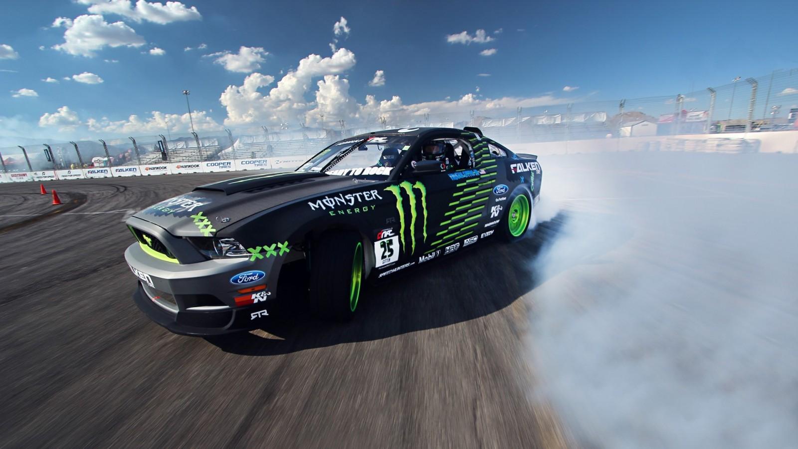 1600x900 sports, car, vehicle, Ford Mustang, Drifting, drift, racing, Monster Energy, performance car, race, motorsport, automotive design, automobile make, race track, auto racing, stock car racing High quality walls