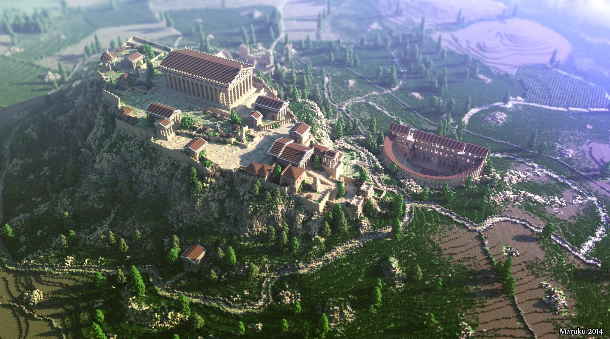 2048x1138 #Minecraft, #render, #Greece, #acropolis, #Athens, #screen shot, wallpaper HD Wallpaper
