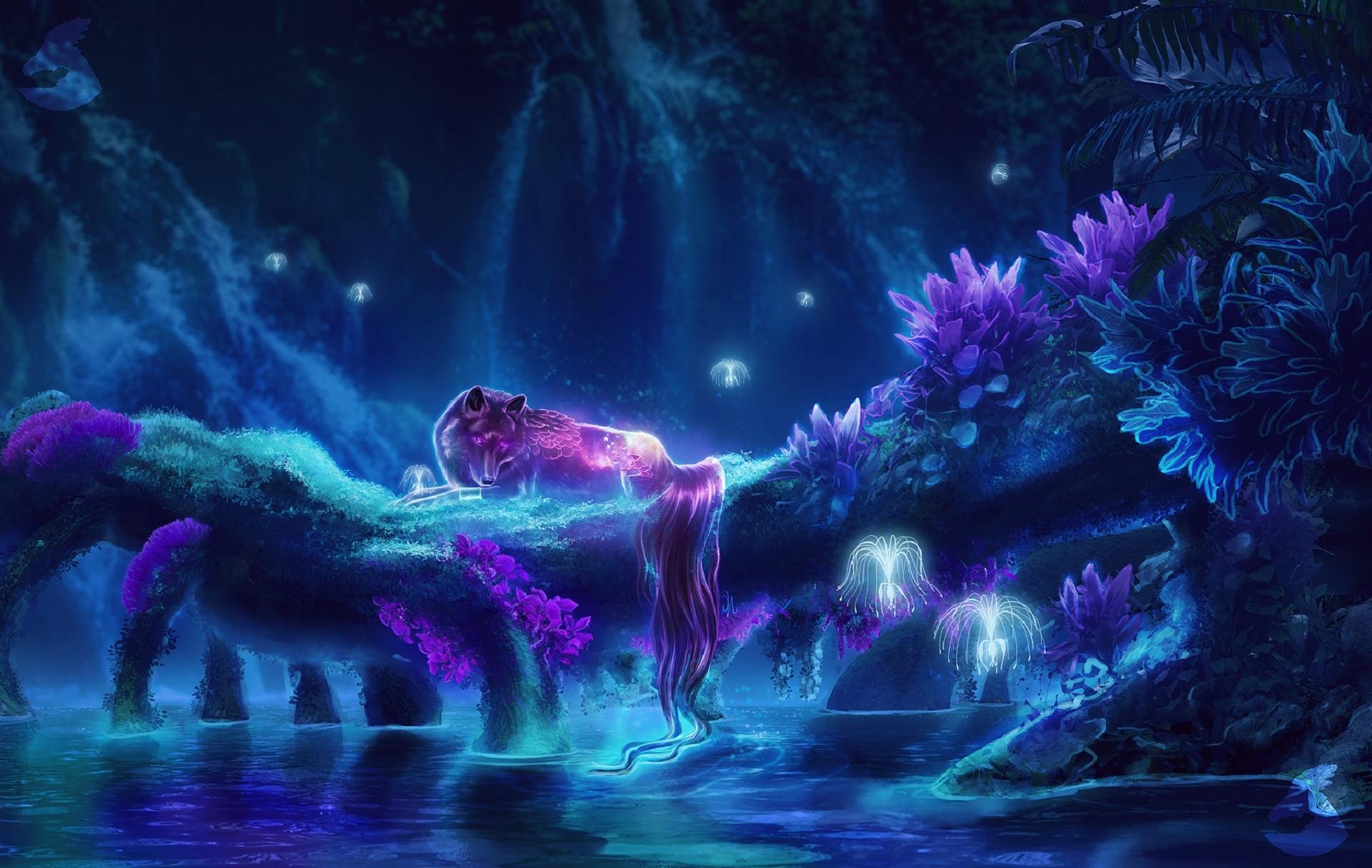 1920x1216 Wallpaper Wolf, Magical Creatures, Fantasy Creature, Night, Water, Forest:1920x1216