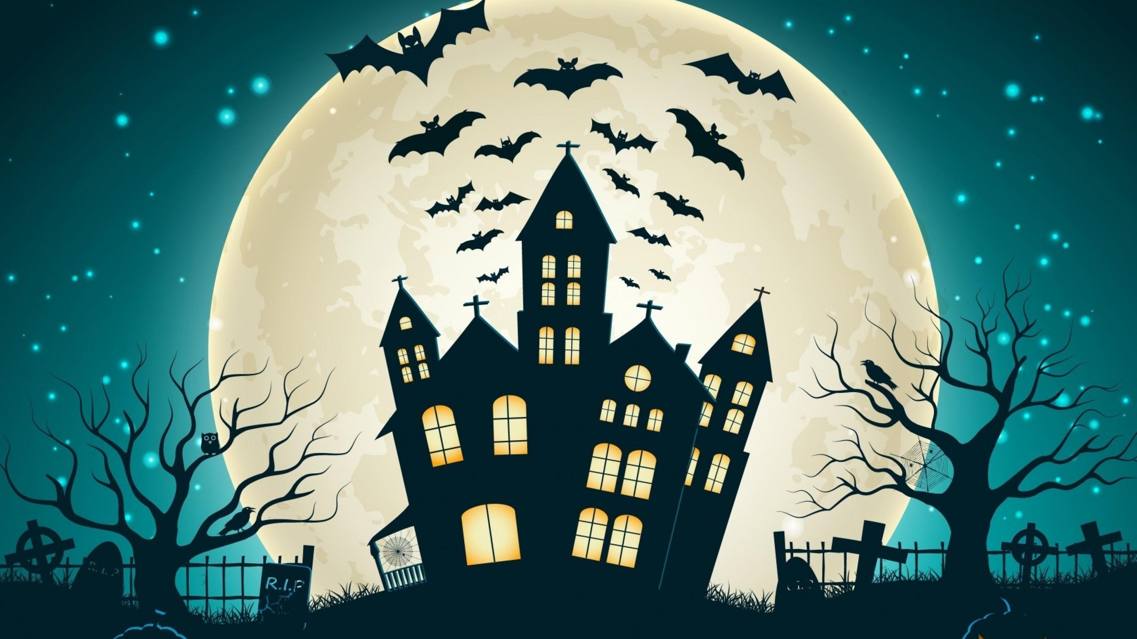 3840x2160 Download 3840x2160 Spooky Castle, Big Moon, Bats, Halloween, Creepy, Flat Artwork Wallpaper for UHD TV