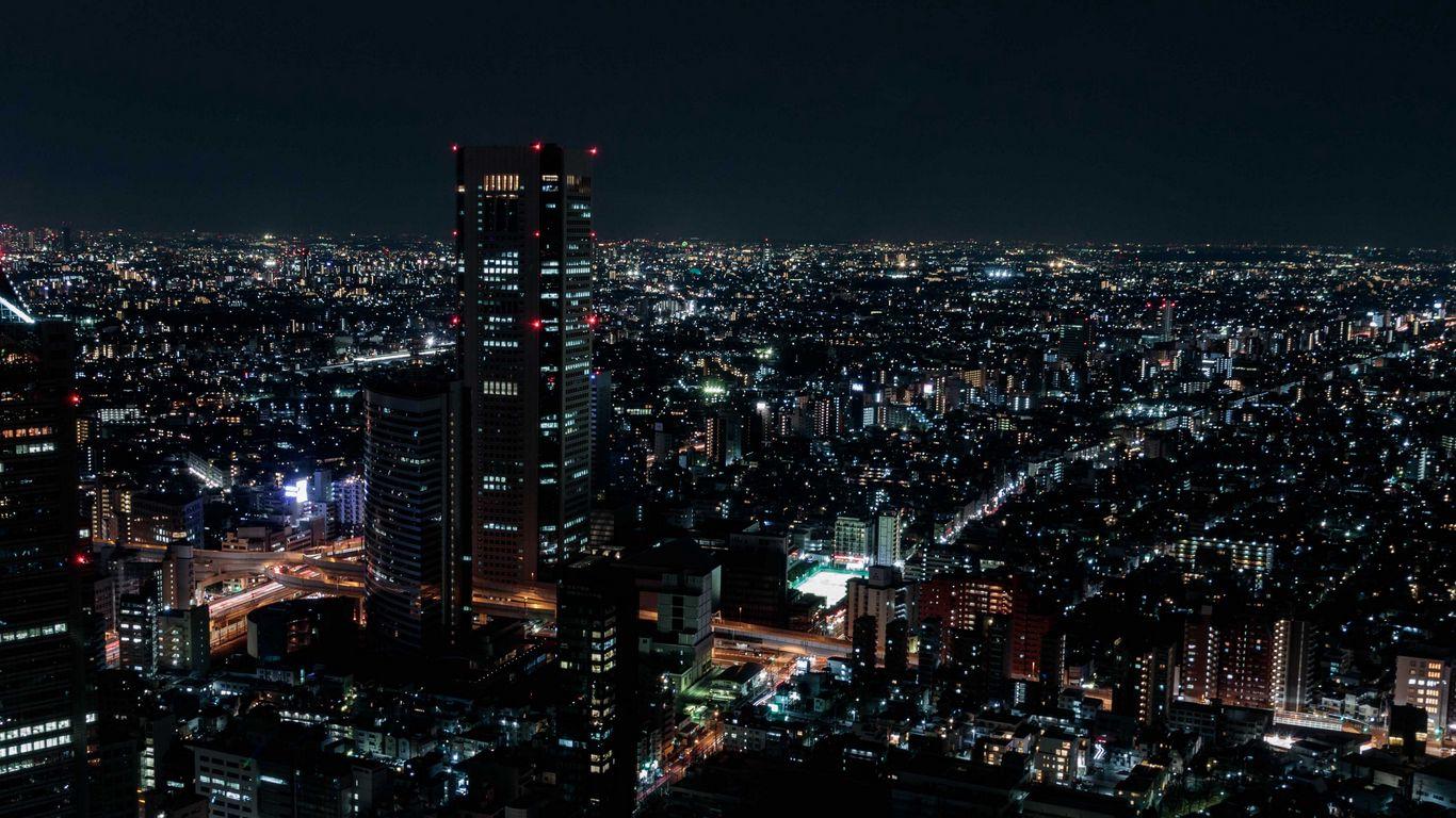 1366x768 Download wallpaper 1366x768 night city, aerial view, city lights, overview, skyline, night tablet, laptop HD background