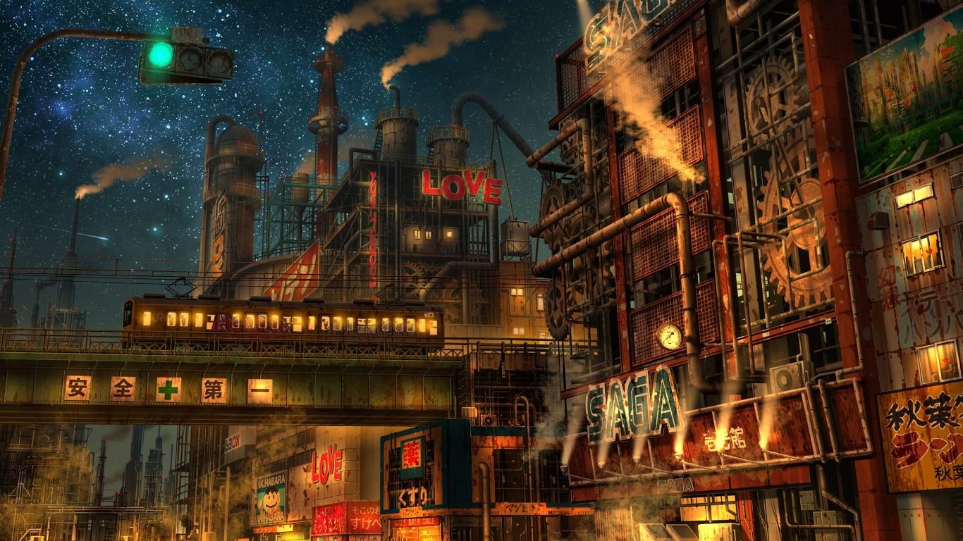 1366x768 Download 1366x768 Anime Industrial City, Night, Street, Train, Crescent Wallpaper for Laptop, Notebook