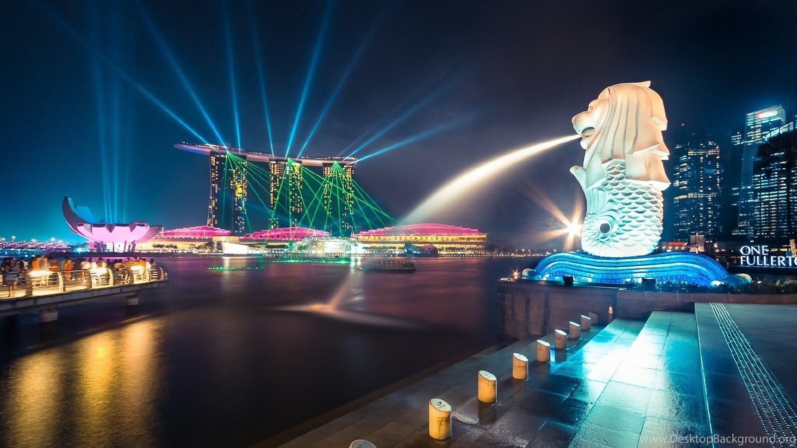1600x900 High Resolution Singapore Merlion At Night Wallpaper Full Size. Desktop Background